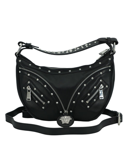 Versace Elegant Black Leather Hobo Shoulder Bag - KALAJ