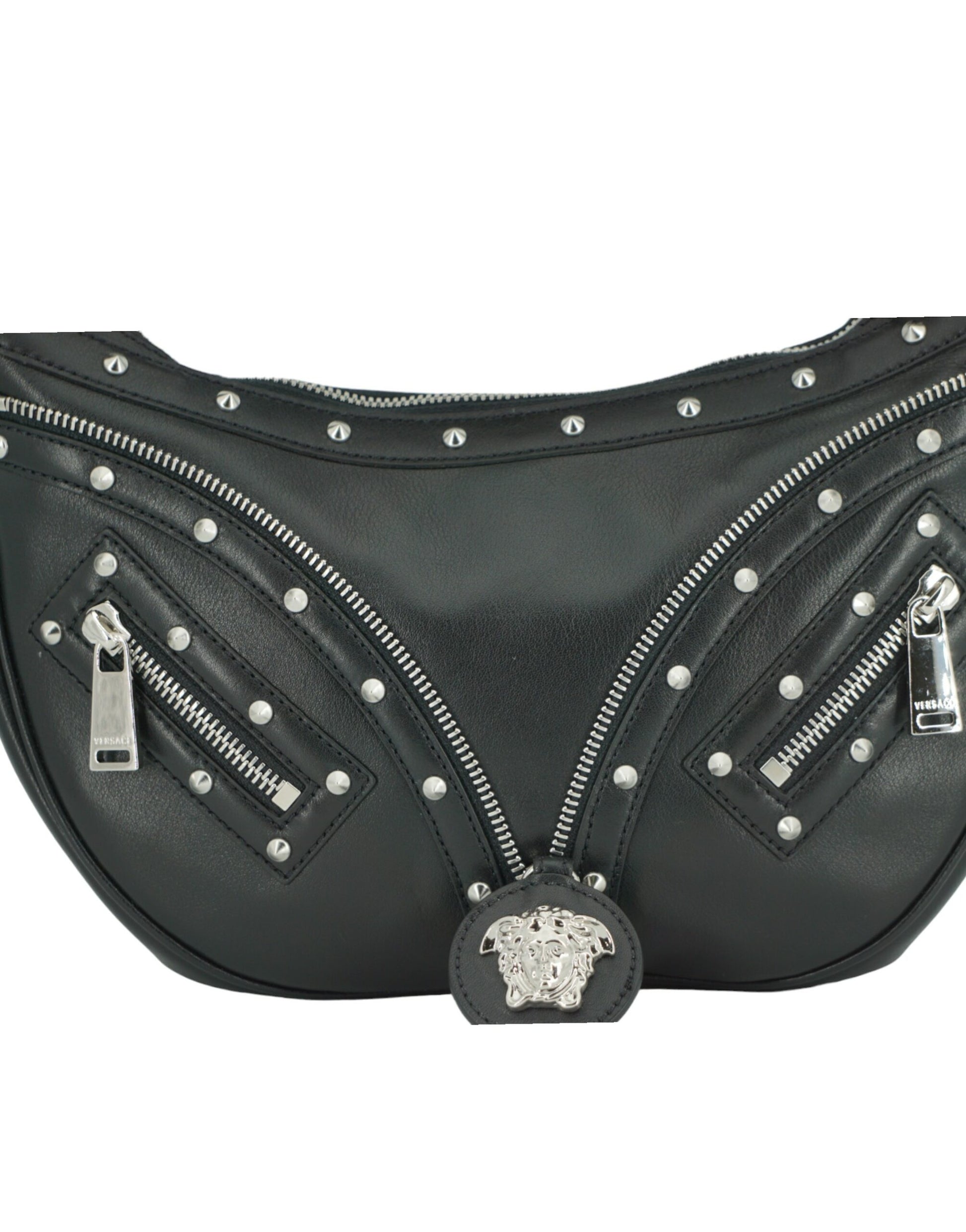 Versace Elegant Black Leather Hobo Shoulder Bag - KALAJ