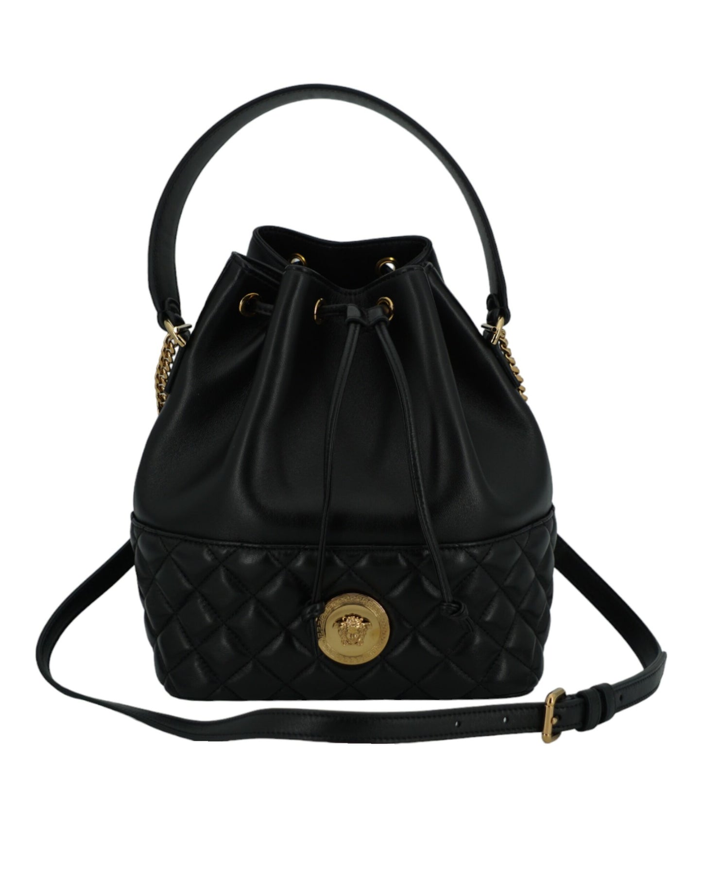 Versace Elegant Black Leather Medusa Bucket Shoulder Bag - KALAJ