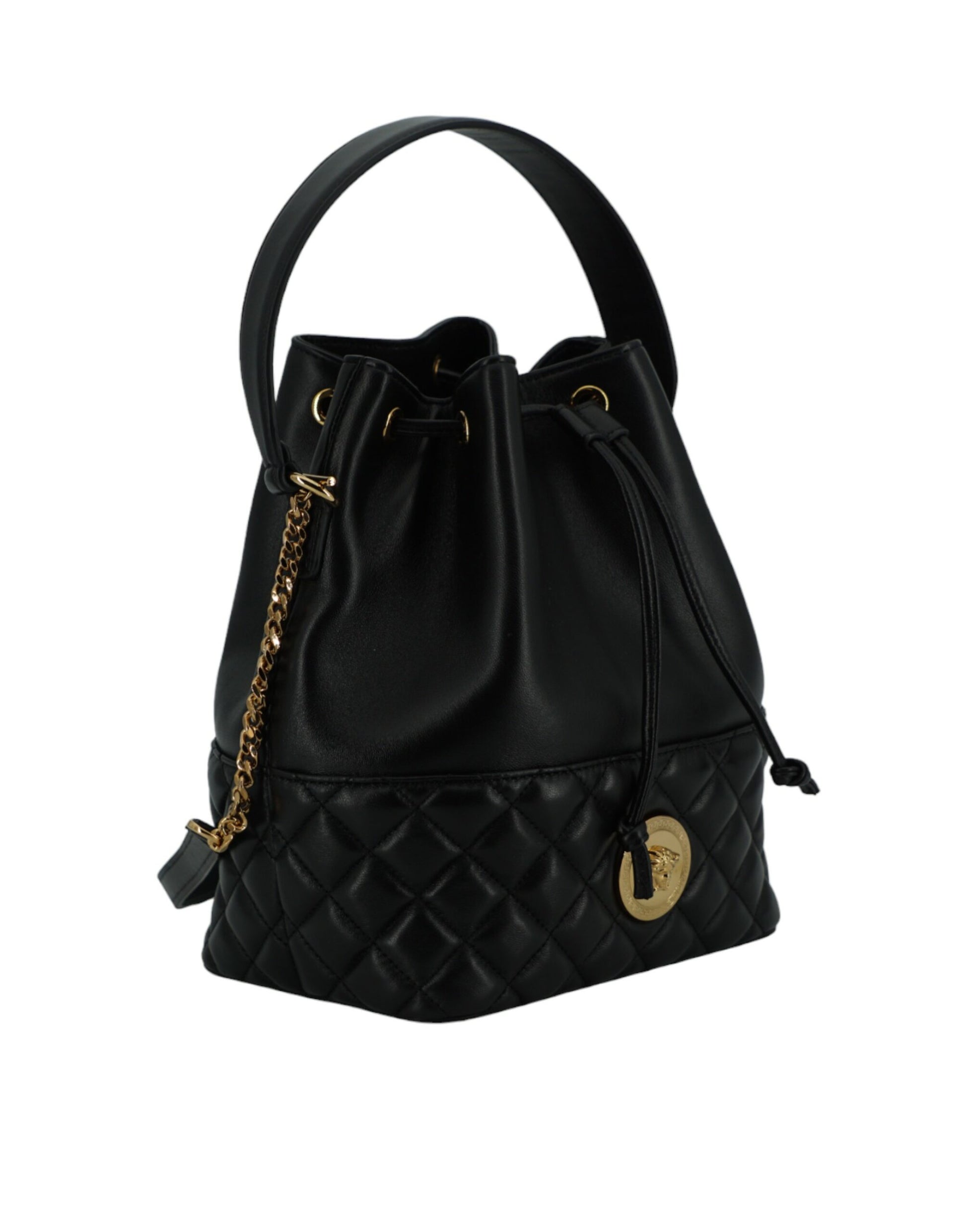 Versace Elegant Black Leather Medusa Bucket Shoulder Bag - KALAJ