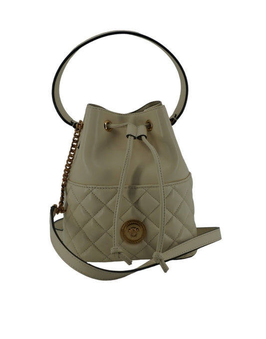 Versace Elegant Small White Leather Bucket Shoulder Bag - KALAJ