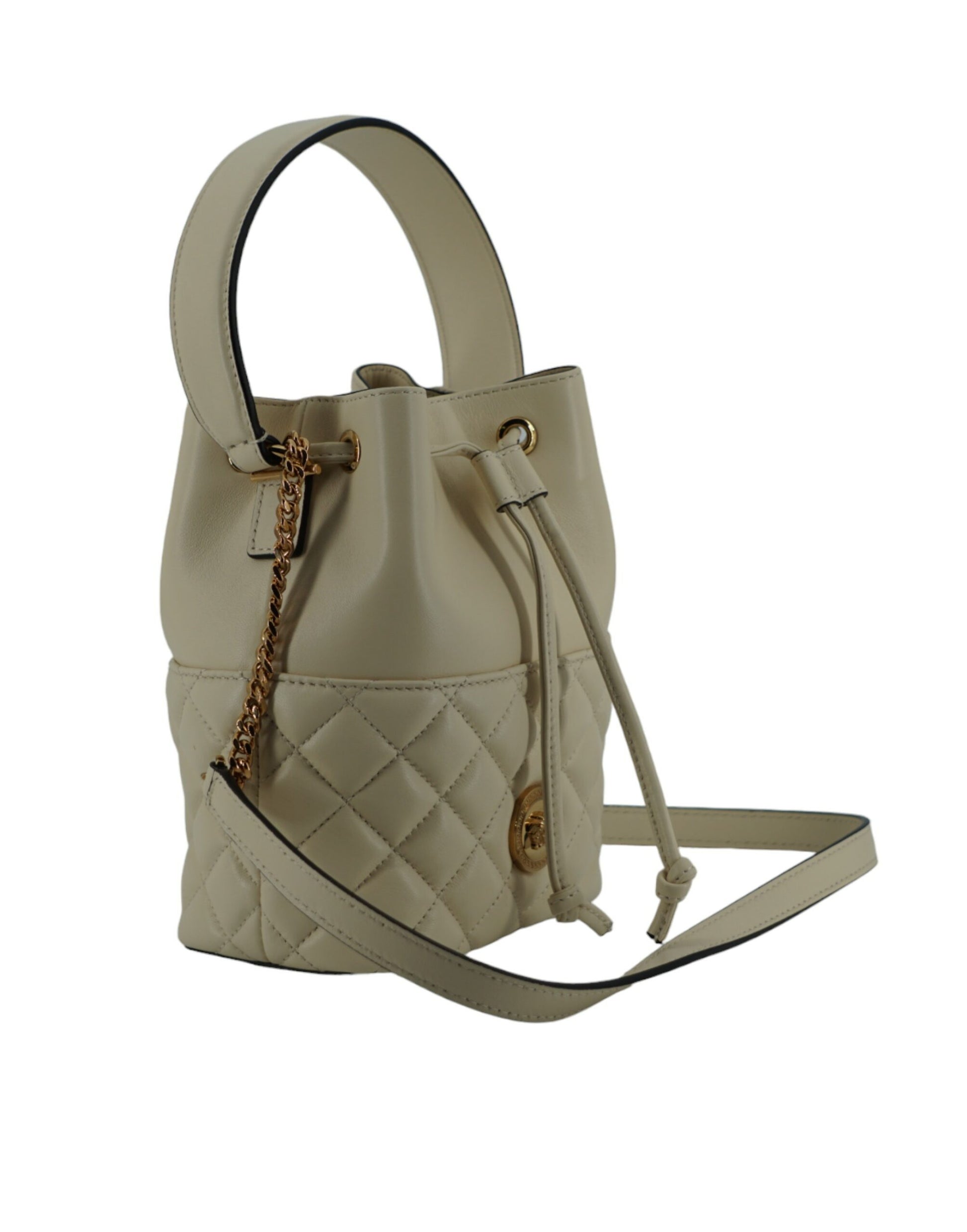 Versace Elegant Small White Leather Bucket Shoulder Bag - KALAJ