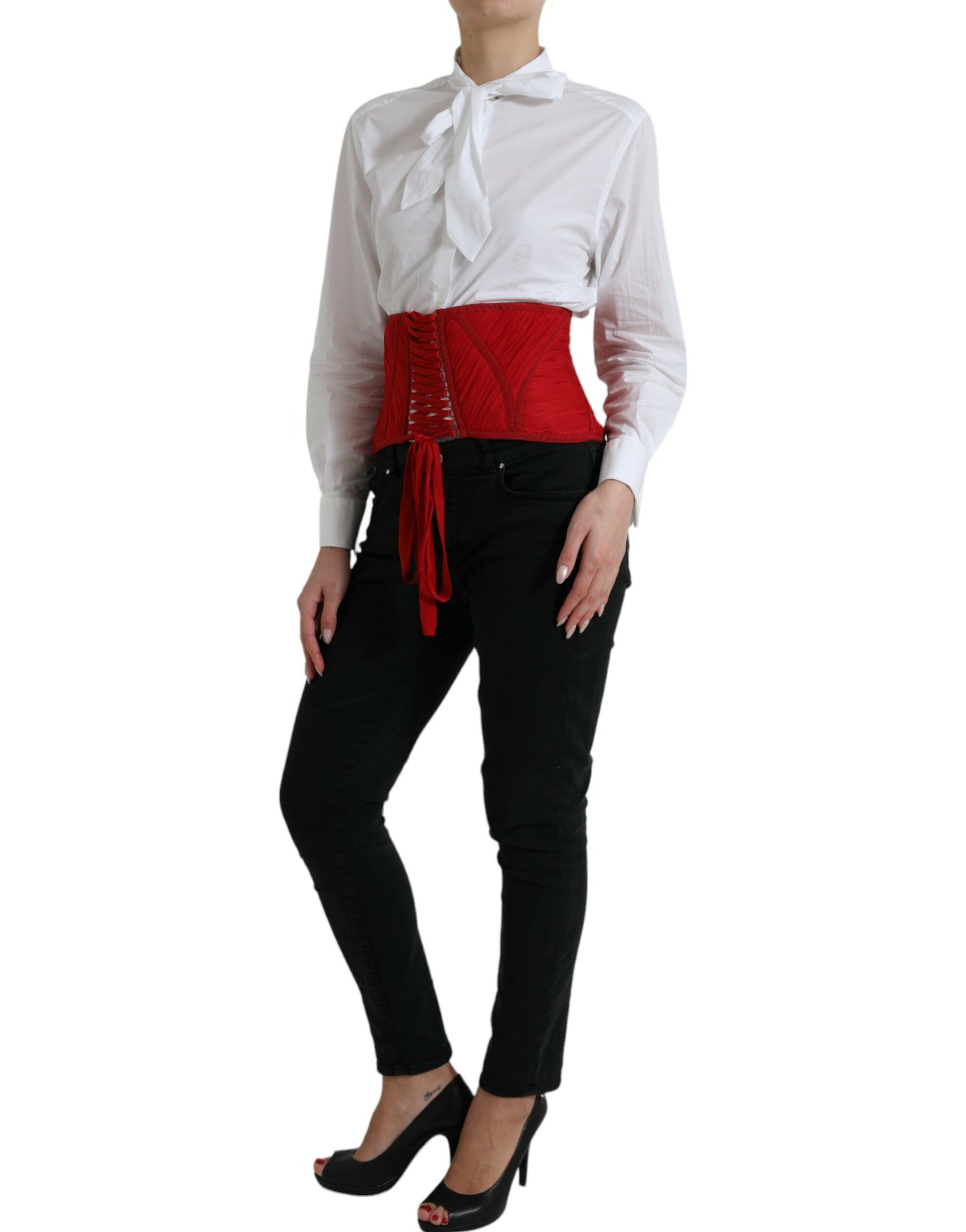 Dolce & Gabbana Silk Corset Waist Belt in Fiery Red - KALAJ