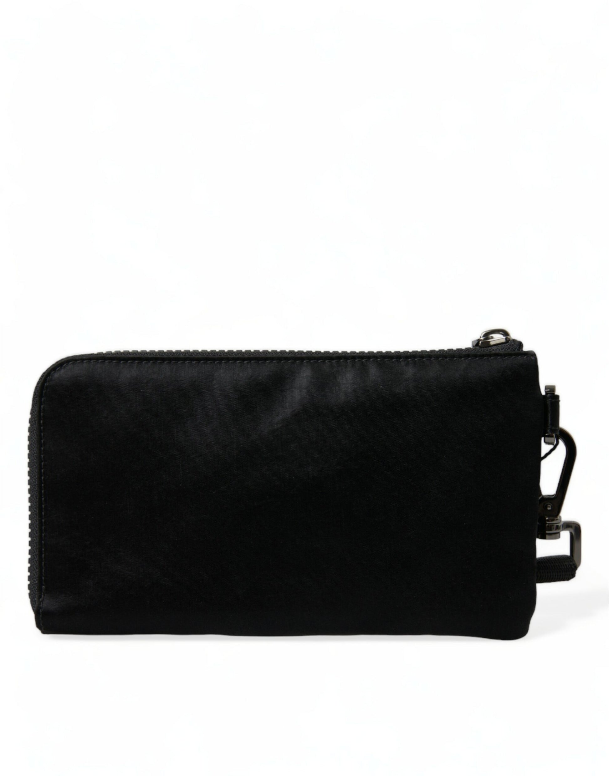 Dolce & Gabbana Elegant Black Nylon Leather Pouch with Silver Details - KALAJ