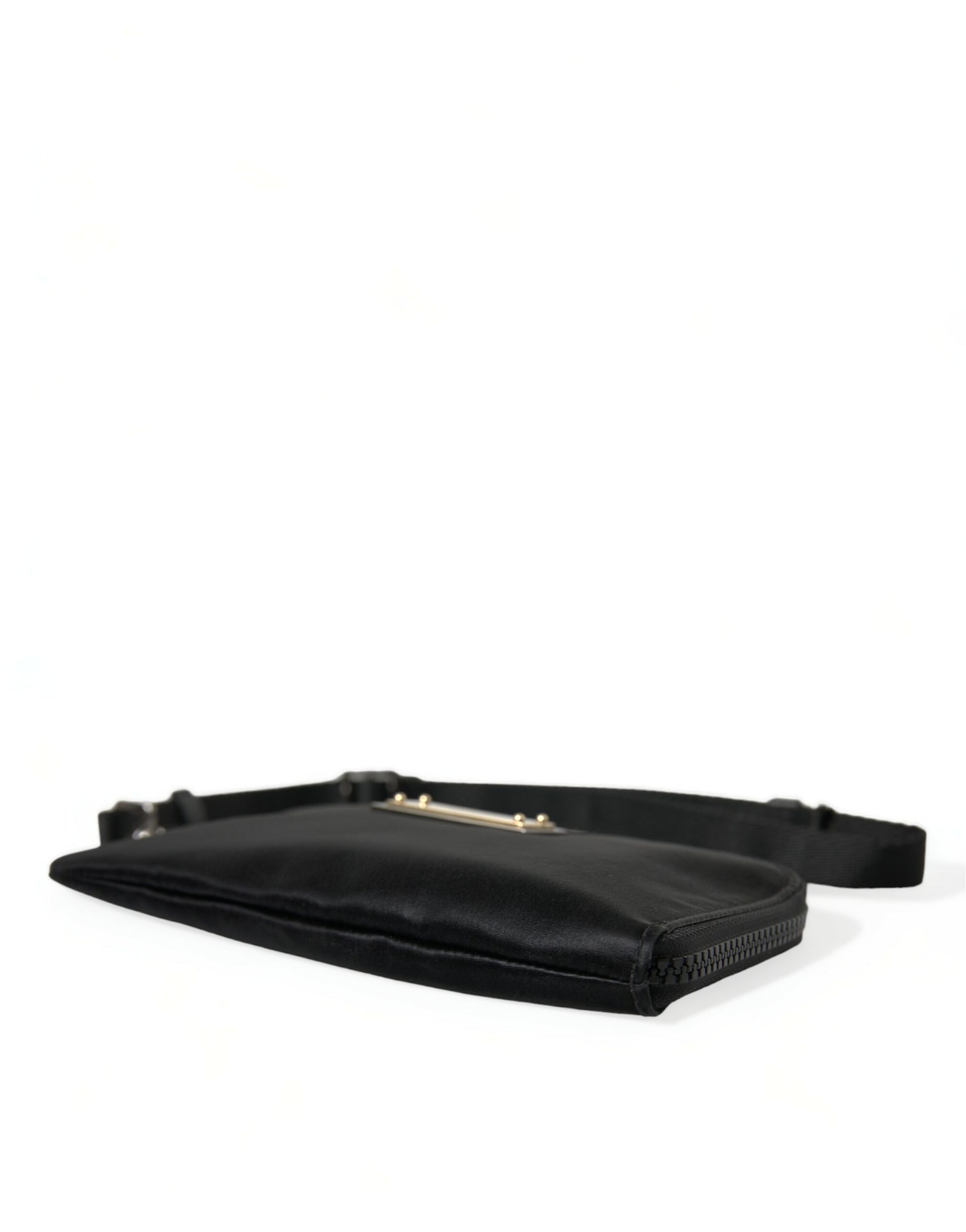 Dolce & Gabbana Elegant Black Nylon Leather Pouch with Silver Details - KALAJ