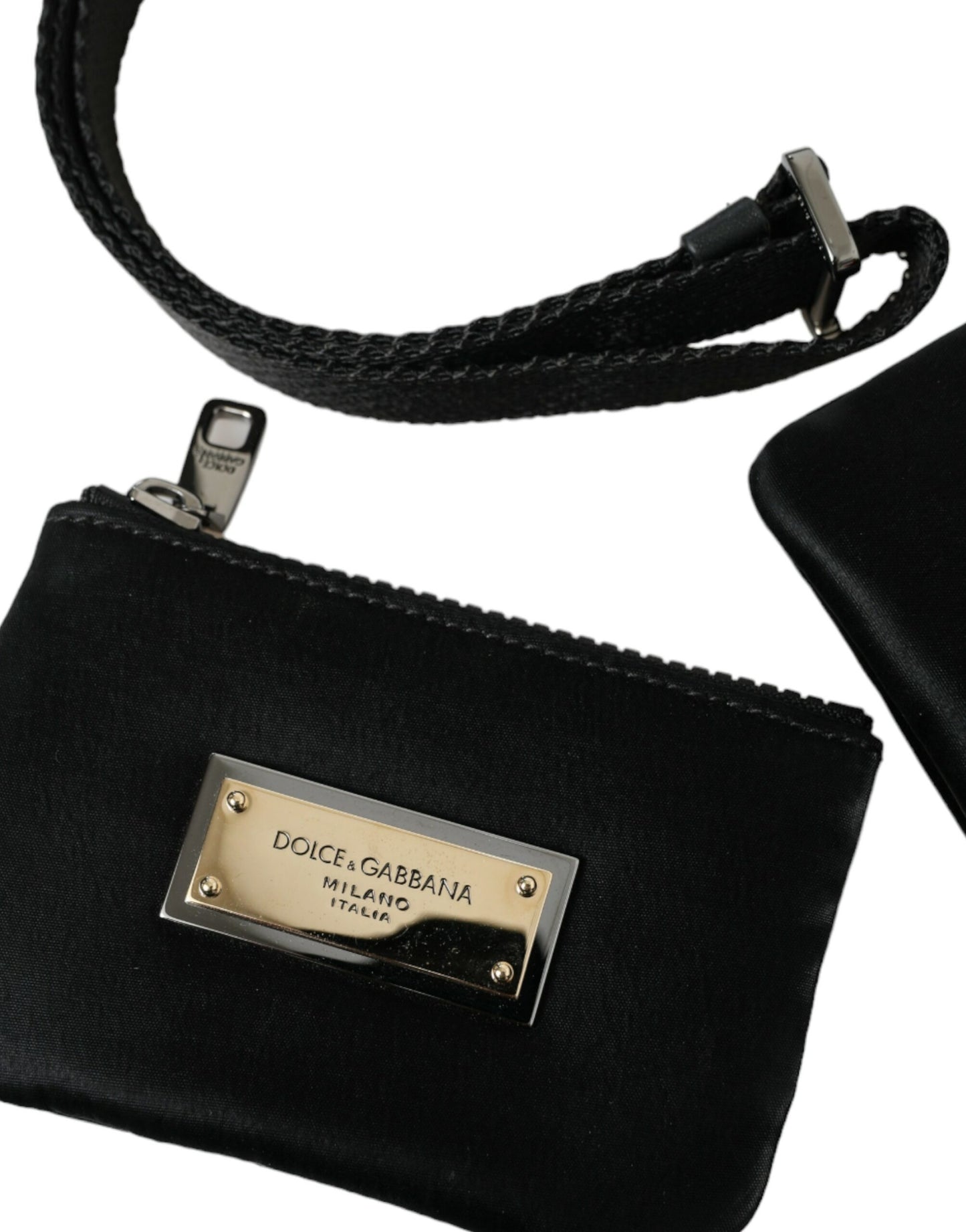 Dolce & Gabbana Elegant Black Nylon Leather Pouch with Silver Details - KALAJ