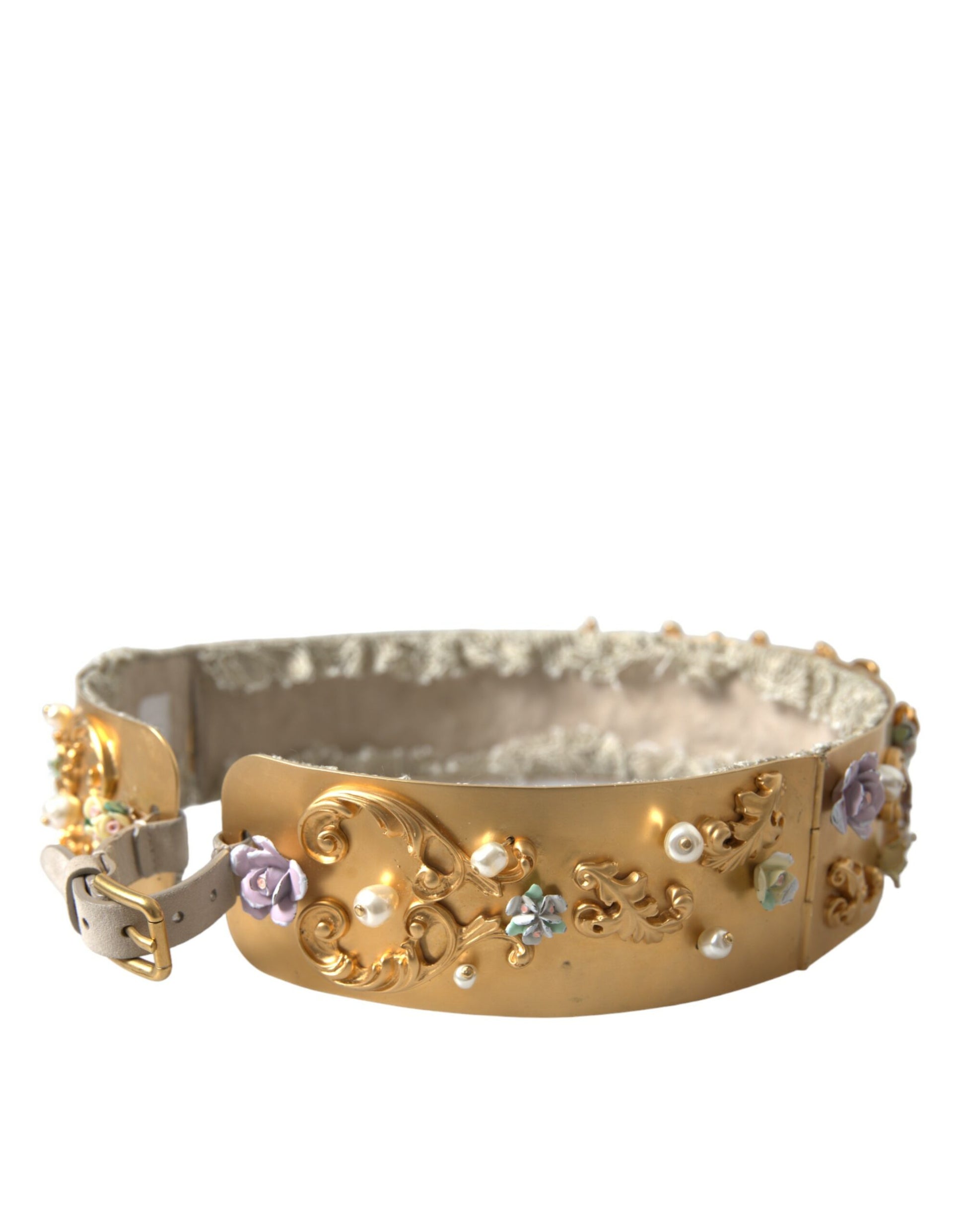 Dolce & Gabbana Elegant Gold-Tone Faux Pearl Floral Belt - KALAJ