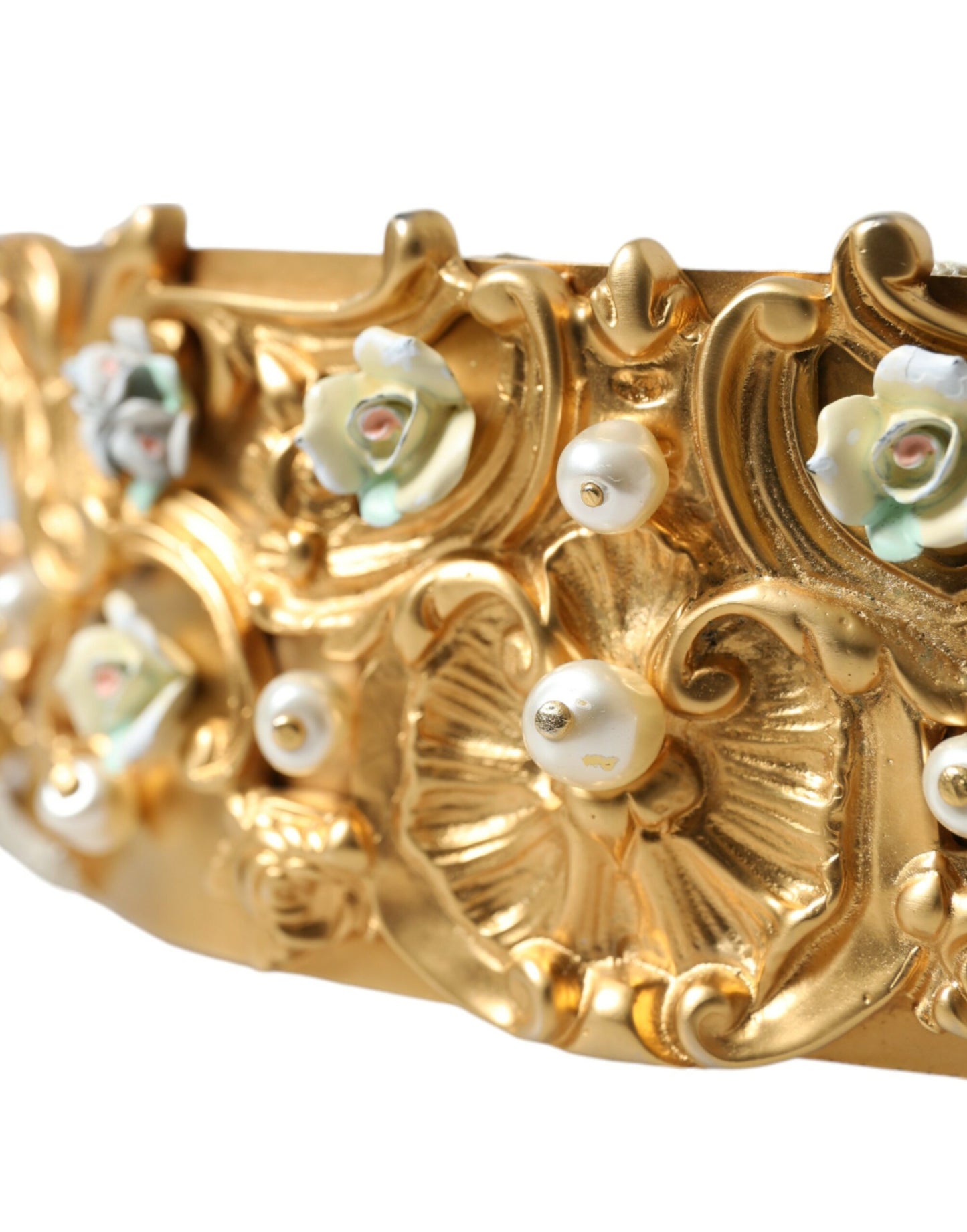 Dolce & Gabbana Elegant Gold-Tone Faux Pearl Floral Belt - KALAJ