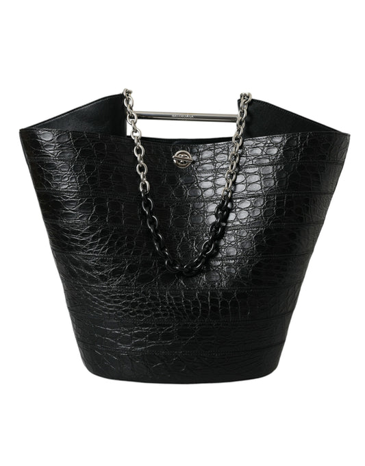 Balenciaga Elegant Black Crocodile Leather Maxi Bucket Bag - KALAJ