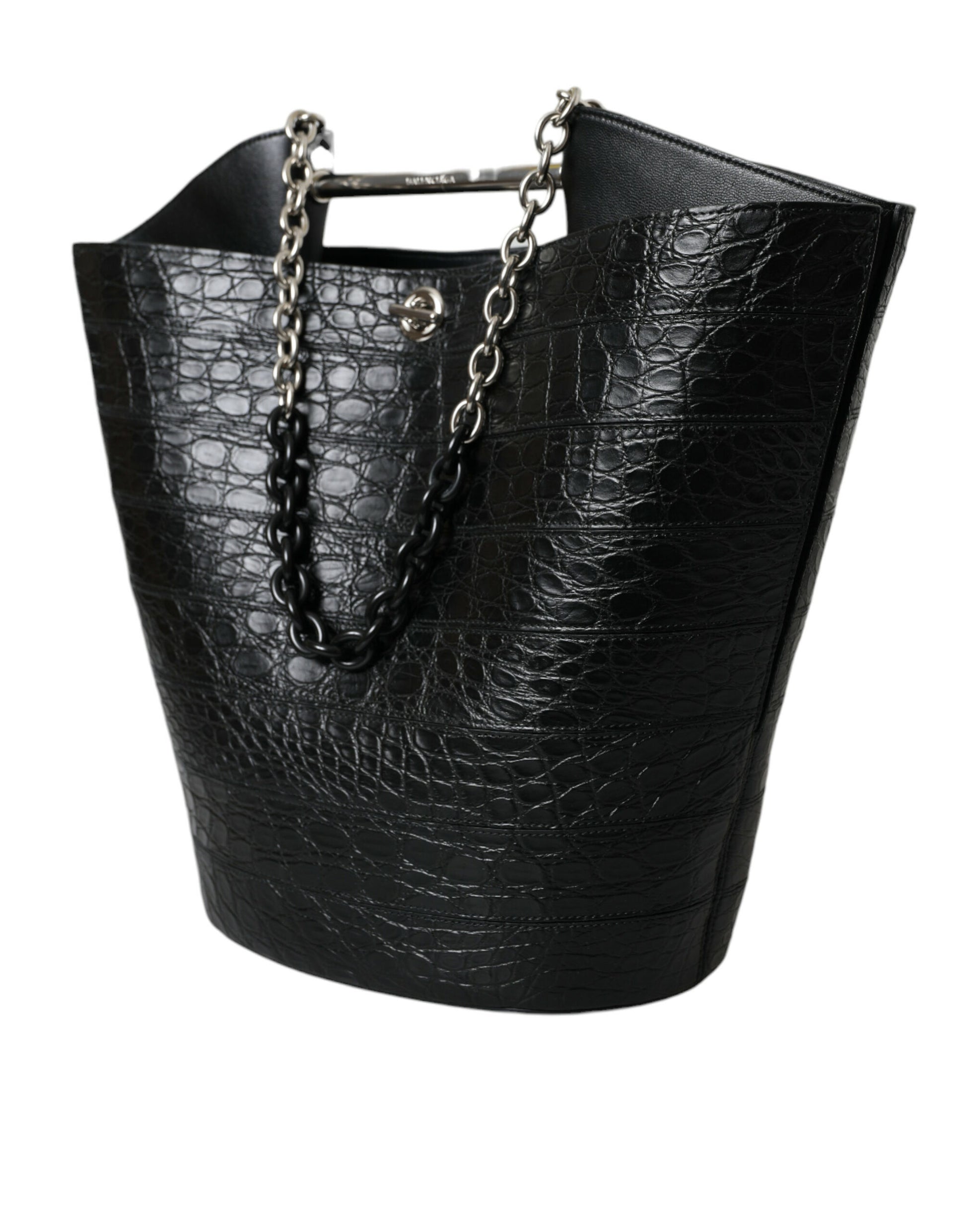 Balenciaga Elegant Black Crocodile Leather Maxi Bucket Bag - KALAJ