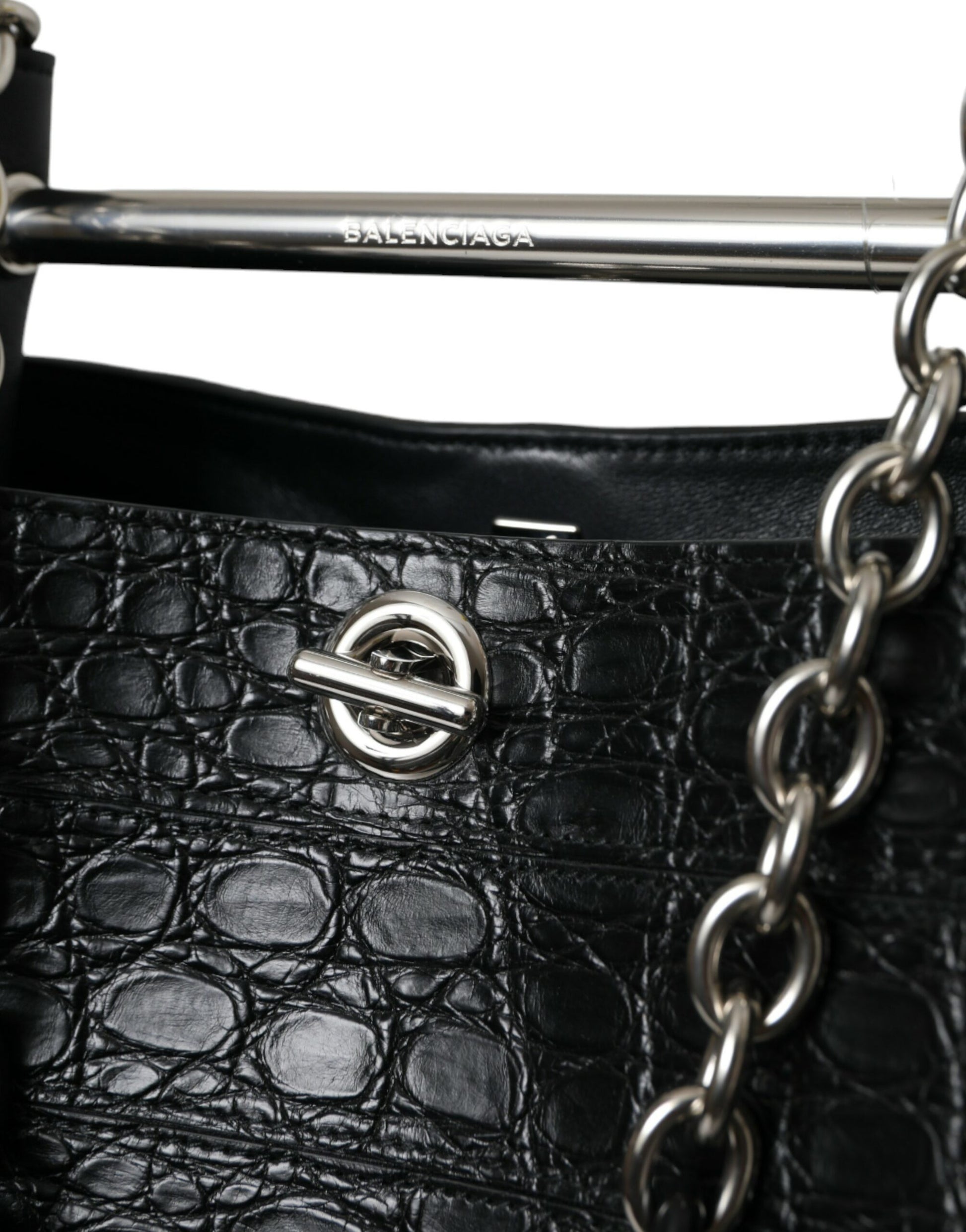 Balenciaga Elegant Black Crocodile Leather Maxi Bucket Bag - KALAJ