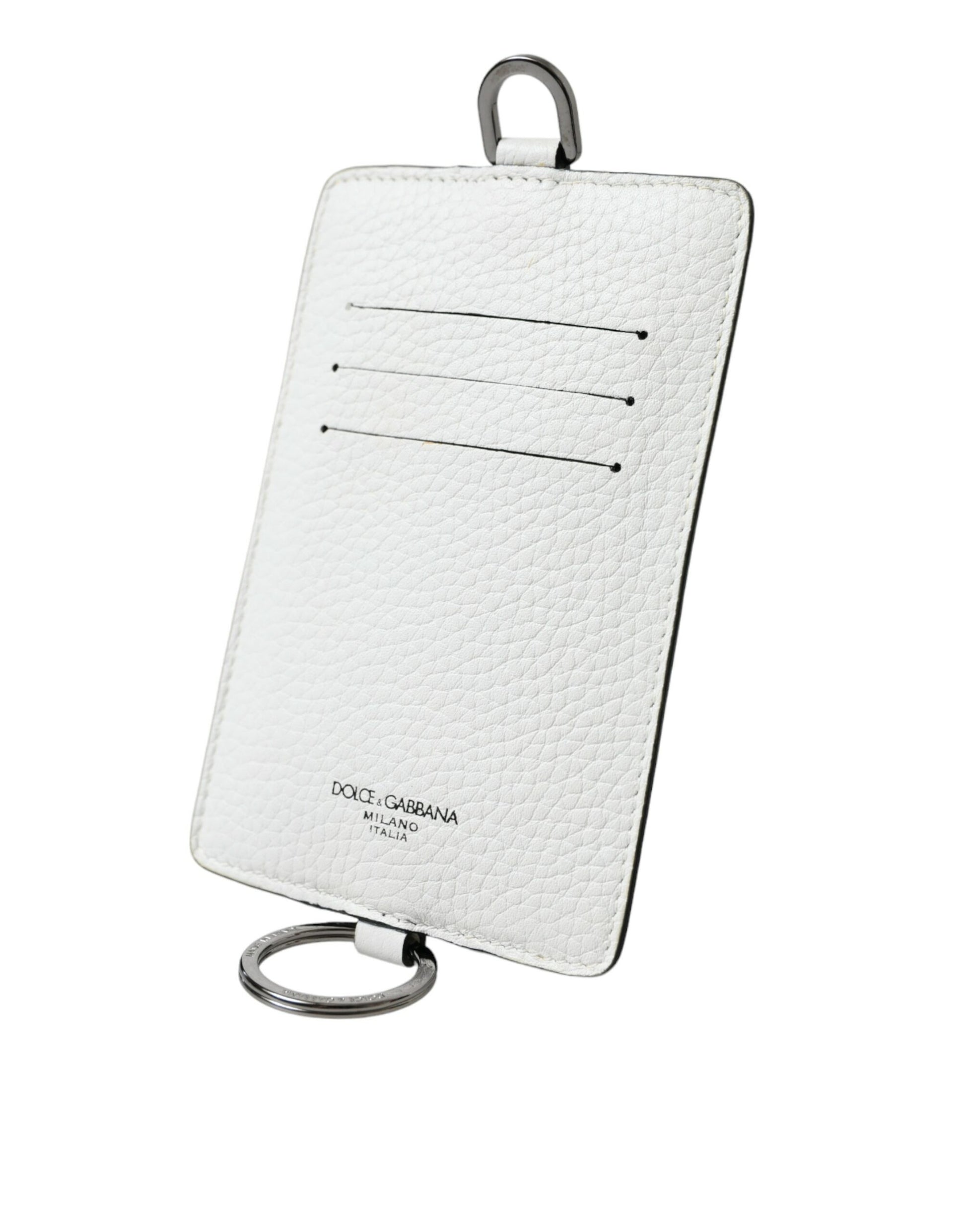 Dolce & Gabbana White Calf Leather Lanyard Logo Card Holder Wallet - KALAJ