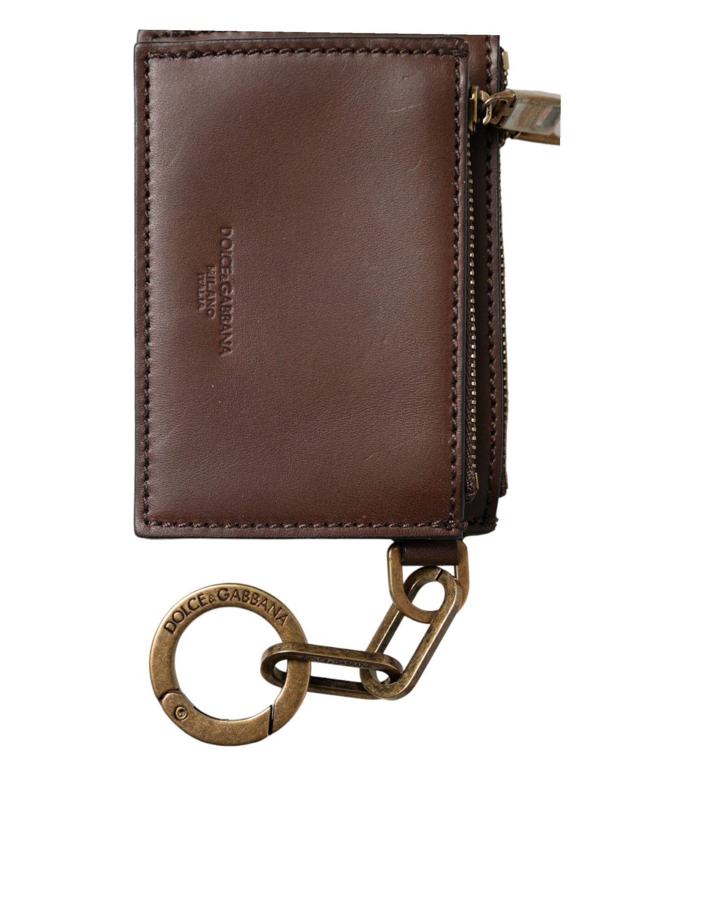 Dolce & Gabbana Brown Leather Zip Logo Keyring Coin Purse Keyring Wallet - KALAJ