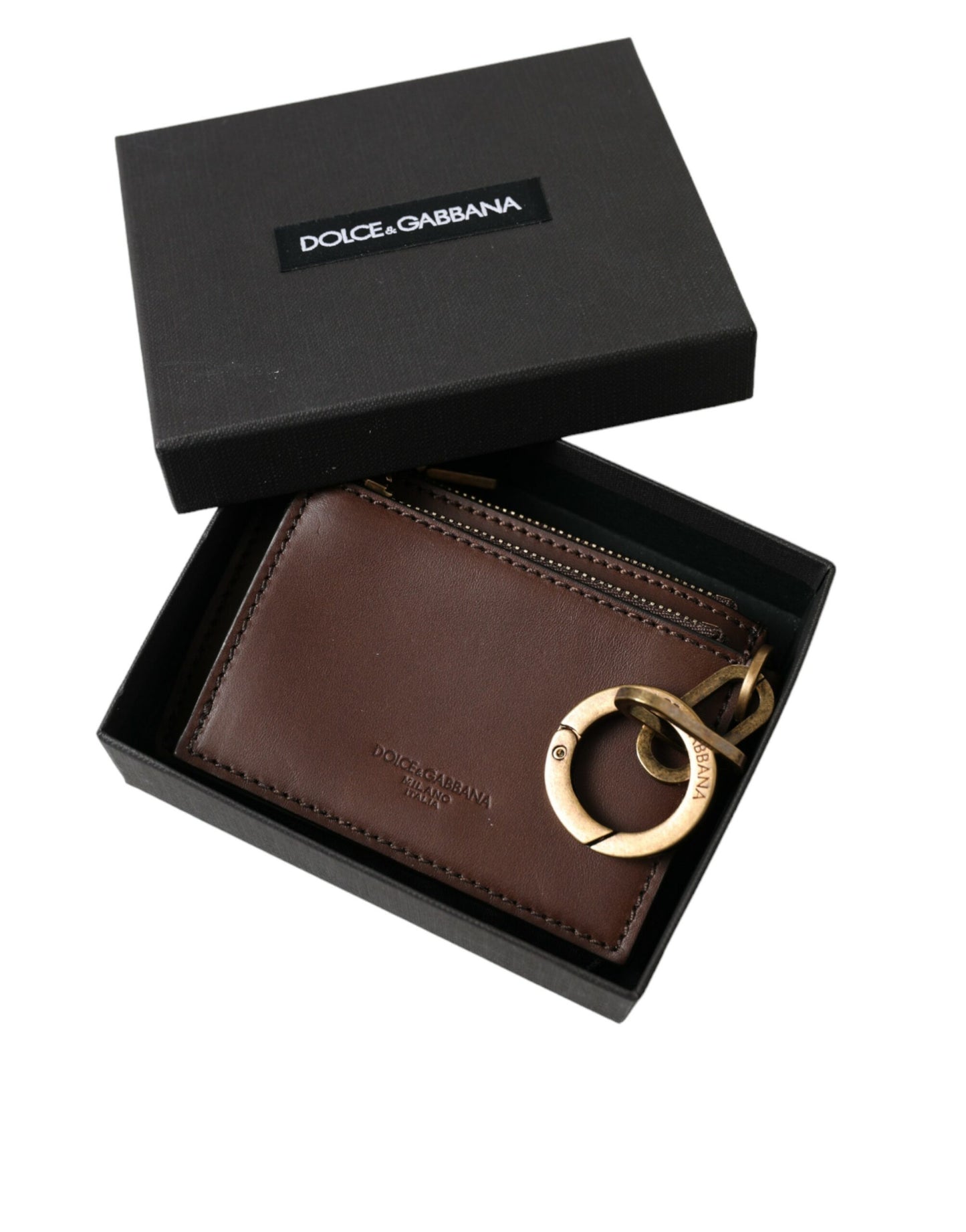 Dolce & Gabbana Brown Leather Zip Logo Keyring Coin Purse Keyring Wallet - KALAJ