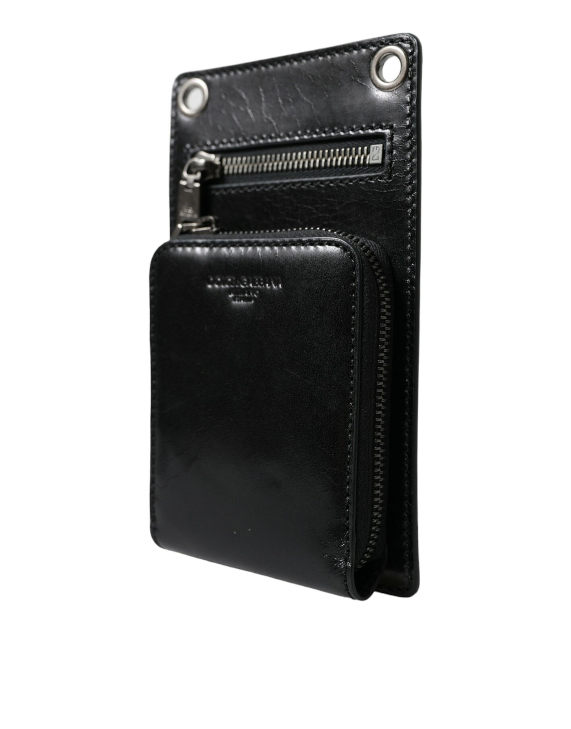 Dolce & Gabbana Black Calf Leather Zip Logo Shoulder Neck Strap Wallet - KALAJ