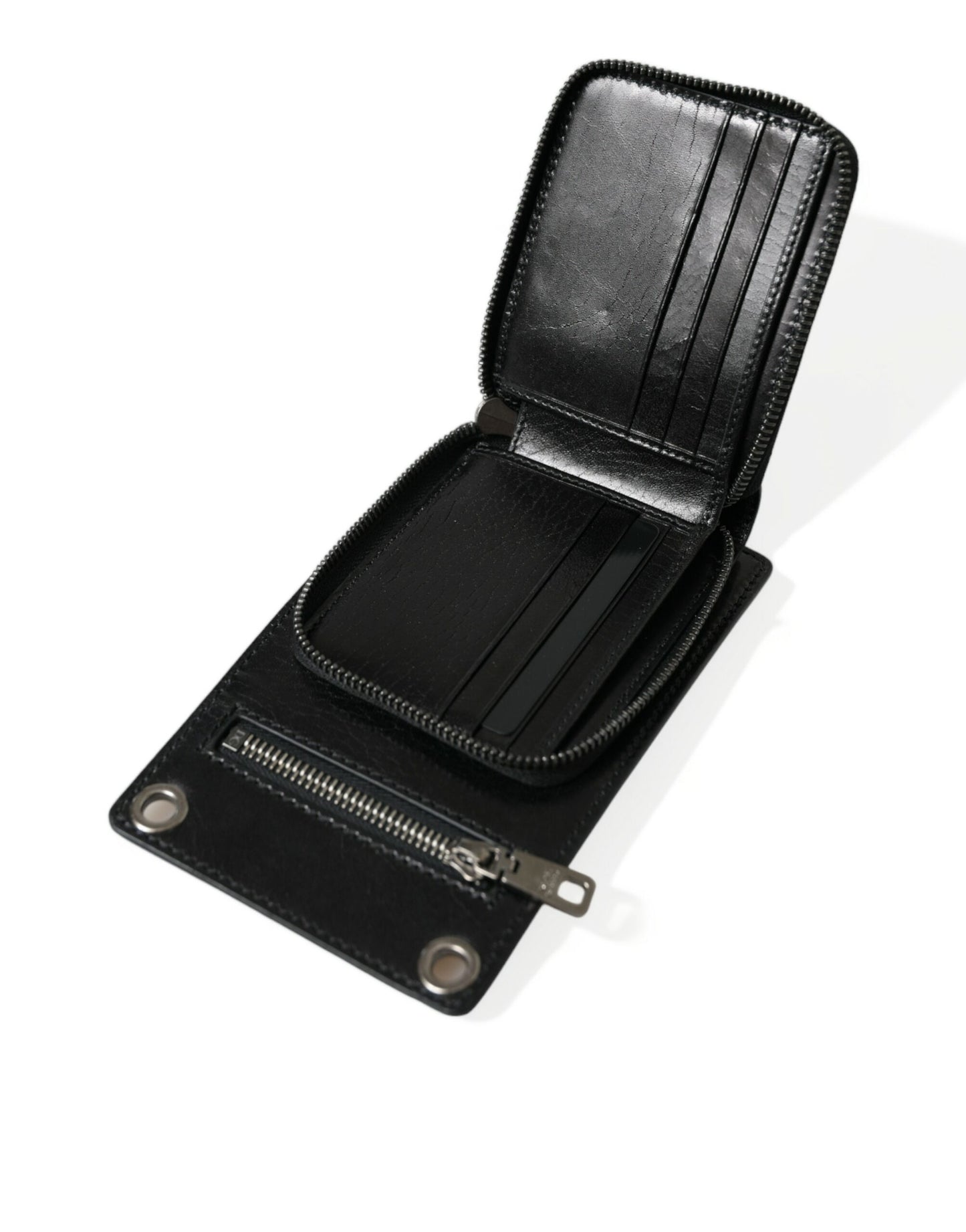 Dolce & Gabbana Black Calf Leather Zip Logo Shoulder Neck Strap Wallet - KALAJ