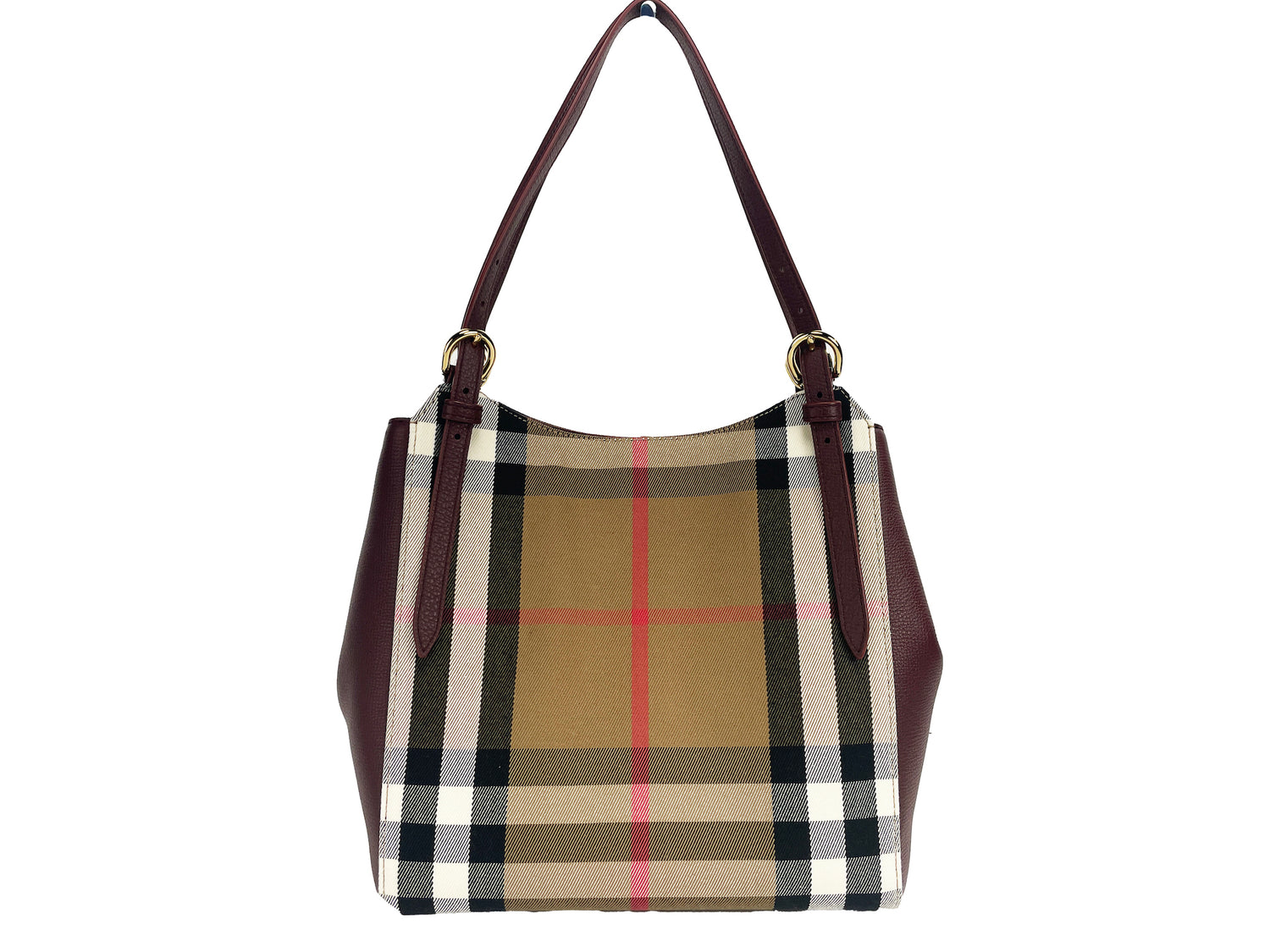 Burberry Small Canterby Mahogany Leather Check Canvas Tote Bag Purse - KALAJ