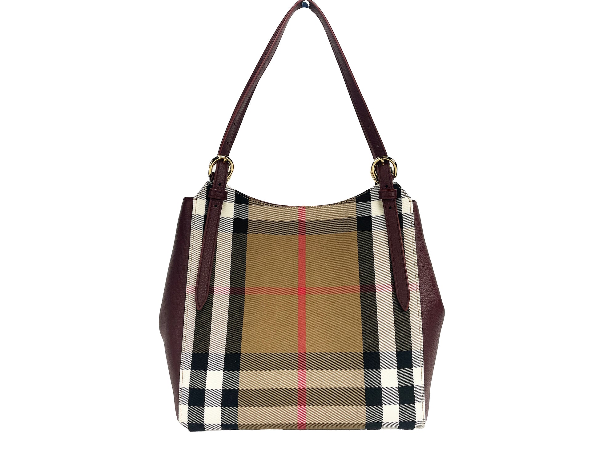 Burberry Small Canterby Mahogany Leather Check Canvas Tote Bag Purse - KALAJ