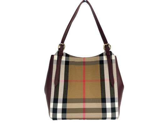 Burberry Small Canterby Mahogany Leather Check Canvas Tote Bag Purse - KALAJ