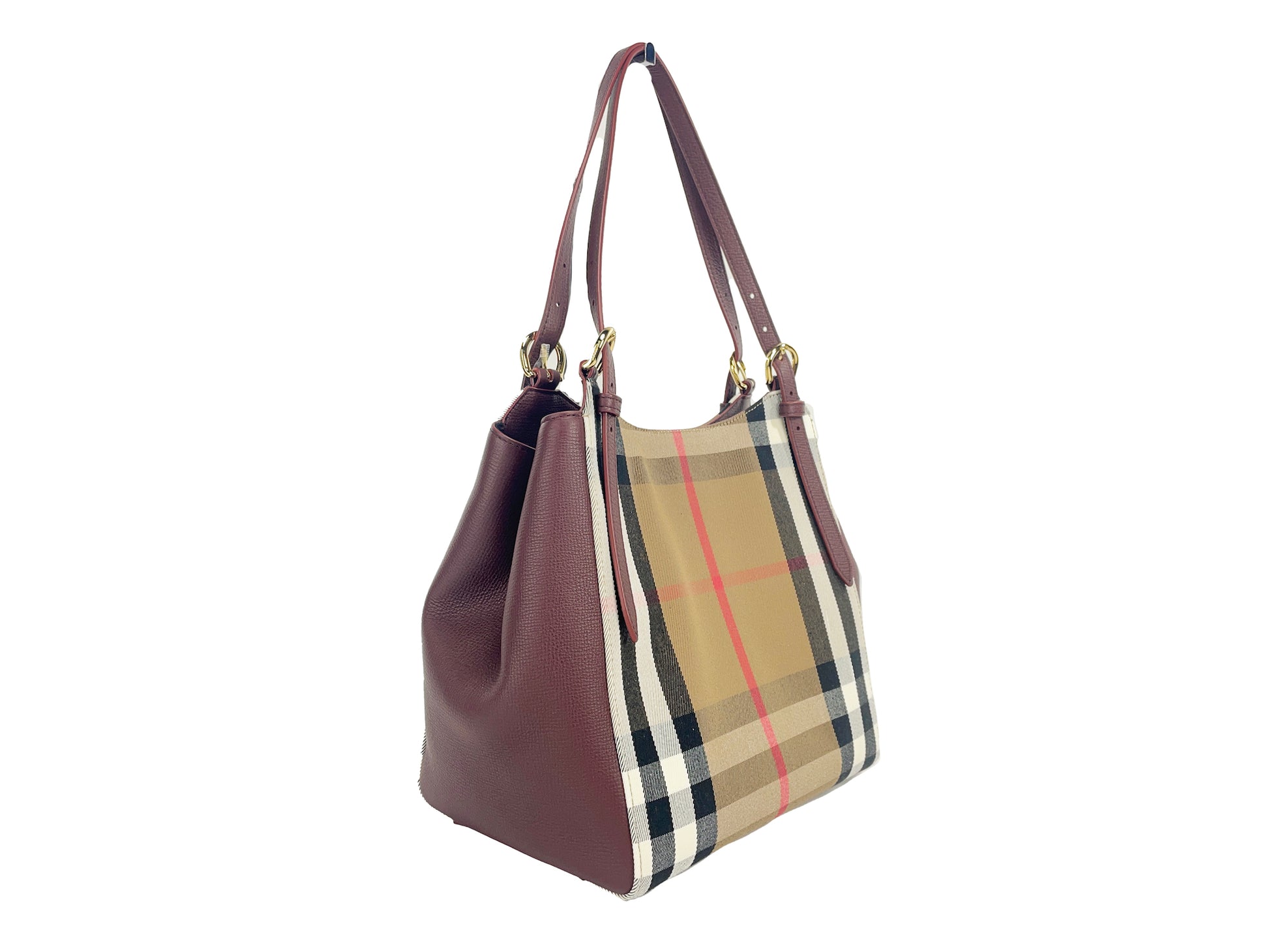 Burberry Small Canterby Mahogany Leather Check Canvas Tote Bag Purse - KALAJ