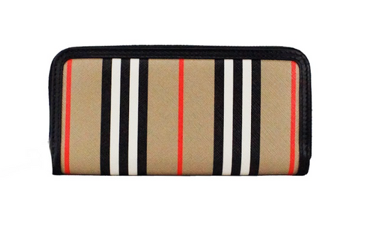 Burberry Ellerby Black Leather Icon Stripe Canvas Zip Around Continental Wallet - KALAJ