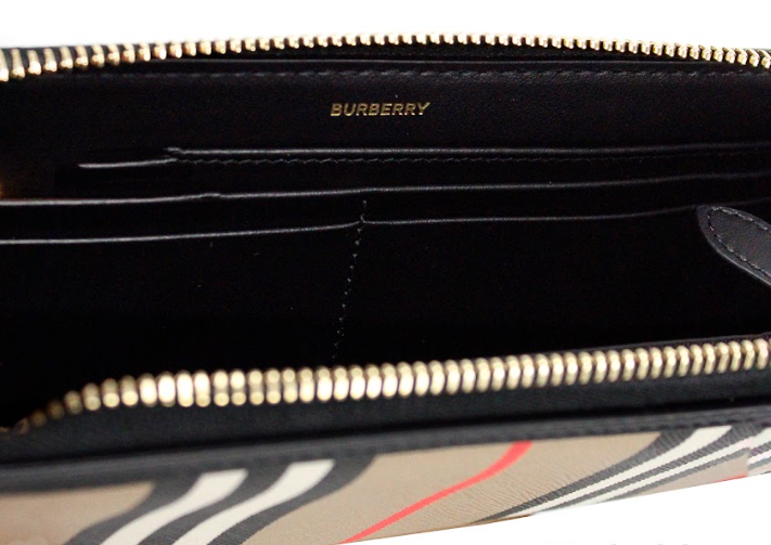 Burberry Ellerby Black Leather Icon Stripe Canvas Zip Around Continental Wallet - KALAJ