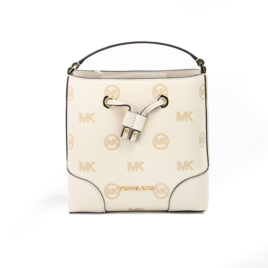 Michael Kors Mercer Small Light Cream Embossed Drawstring Bucket Messenger Bag - KALAJ