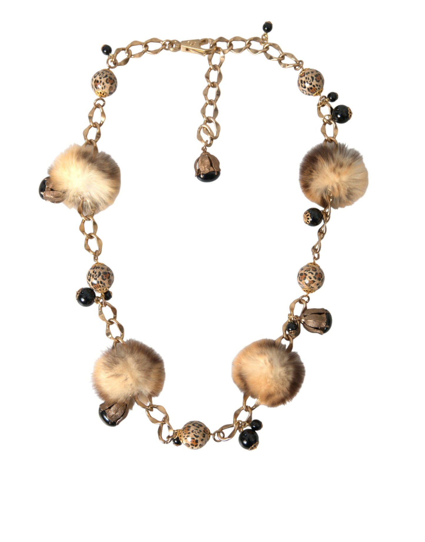 Dolce & Gabbana Gold Brass Leopard Fur Pearl Collier Chain Belt - KALAJ