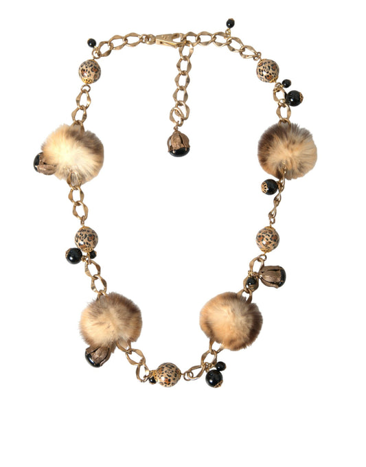 Dolce & Gabbana Gold Brass Leopard Fur Pearl Collier Chain Belt - KALAJ