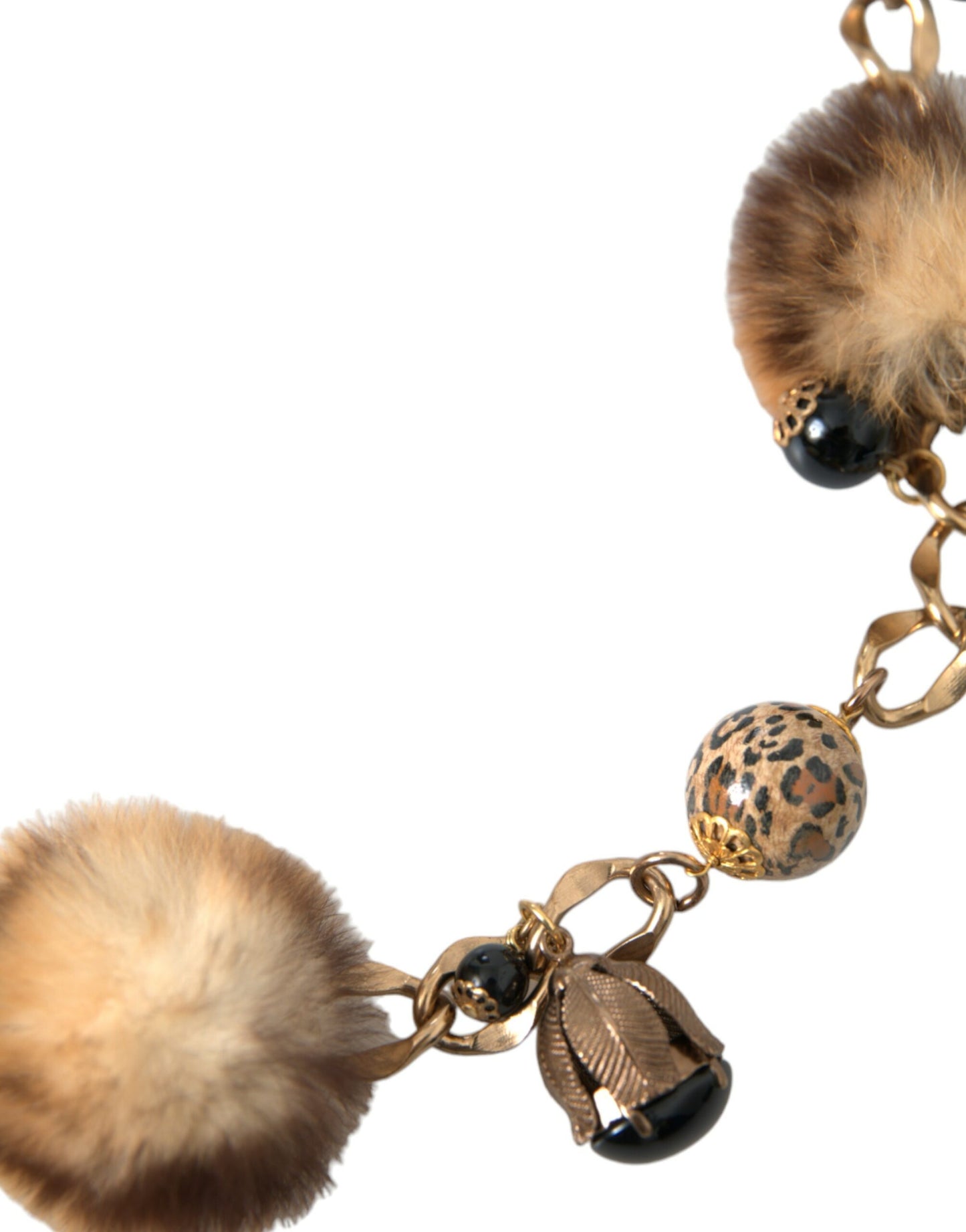 Dolce & Gabbana Gold Brass Leopard Fur Pearl Collier Chain Belt - KALAJ