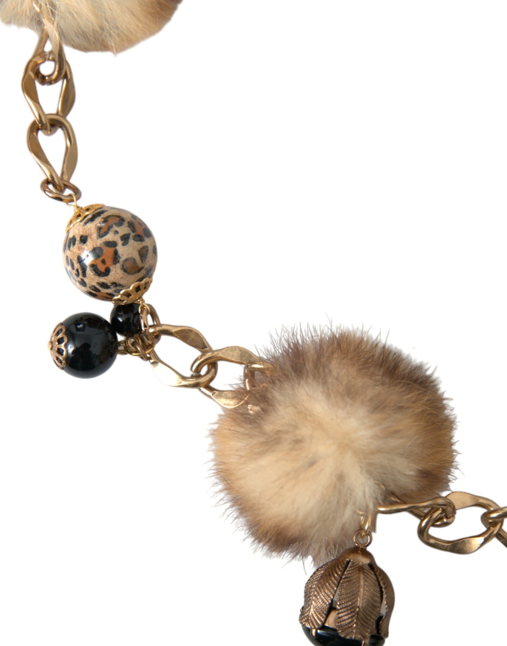 Dolce & Gabbana Gold Brass Leopard Fur Pearl Collier Chain Belt - KALAJ