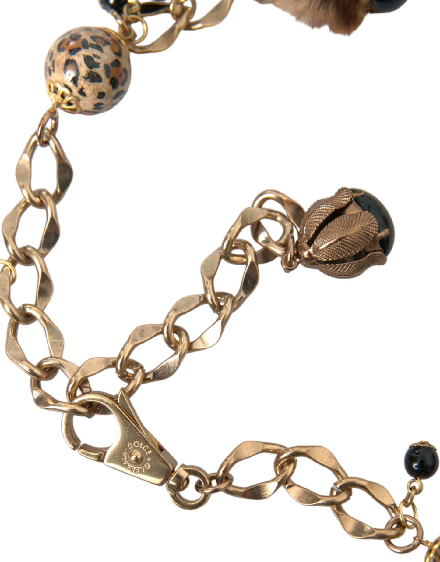 Dolce & Gabbana Gold Brass Leopard Fur Pearl Collier Chain Belt - KALAJ