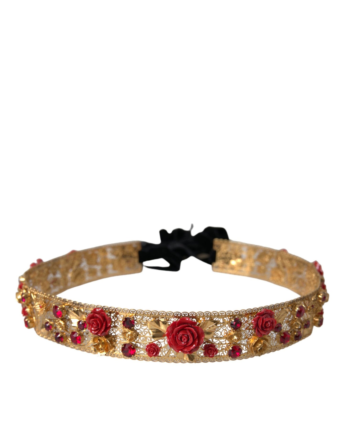 Dolce & Gabbana Gold Brass Red Roses Crystal Jewel Waist Belt - KALAJ