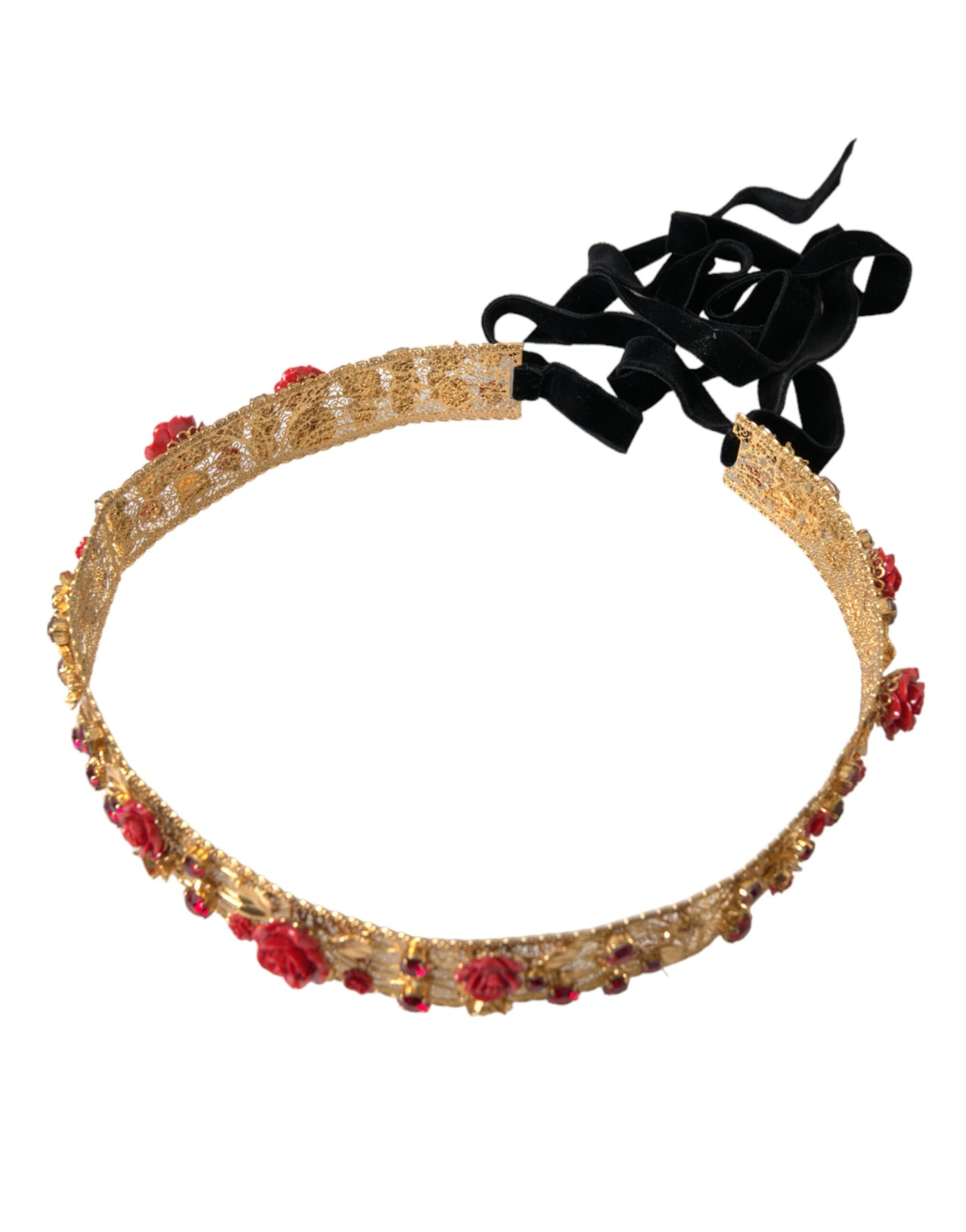 Dolce & Gabbana Gold Brass Red Roses Crystal Jewel Waist Belt - KALAJ