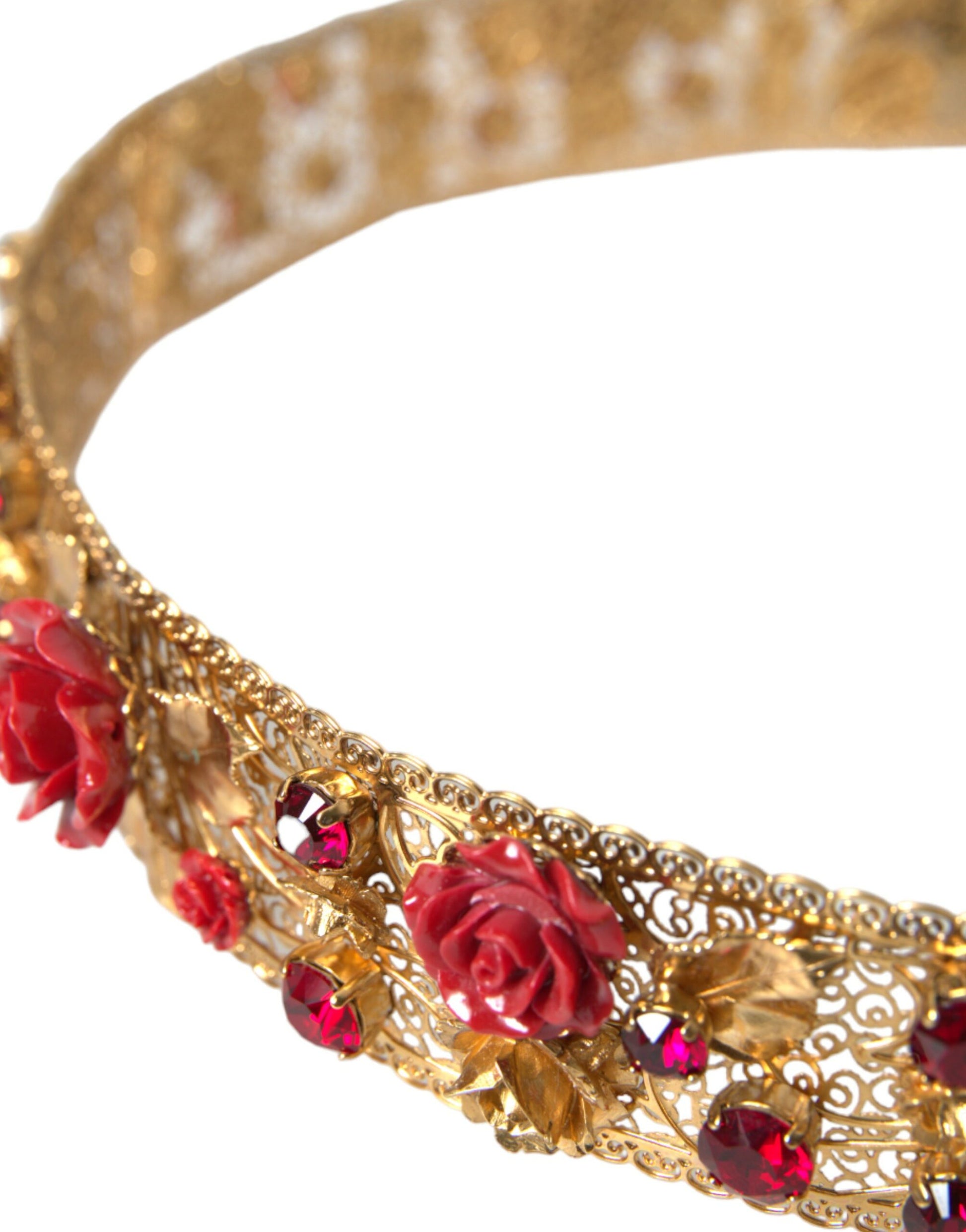 Dolce & Gabbana Gold Brass Red Roses Crystal Jewel Waist Belt - KALAJ