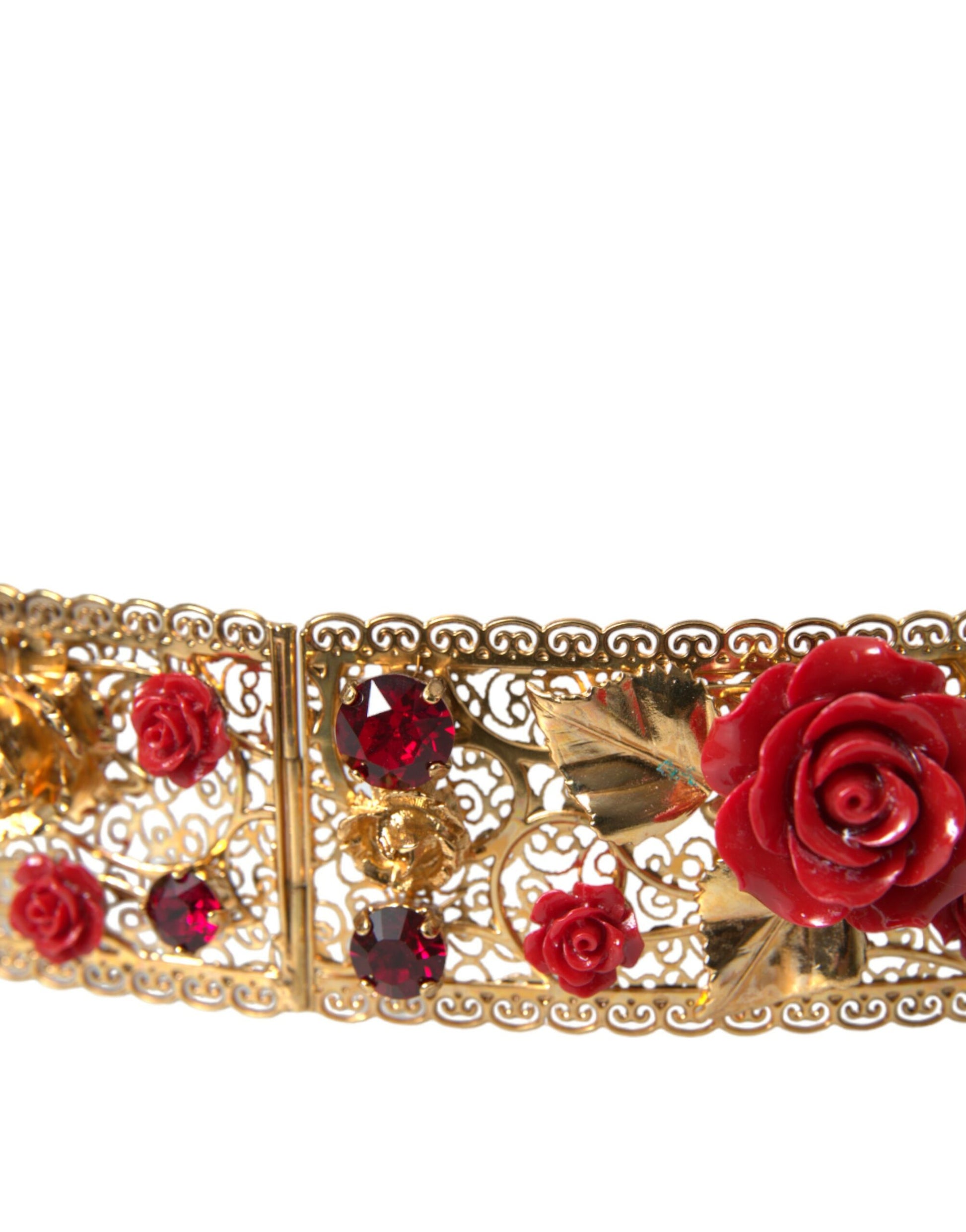 Dolce & Gabbana Gold Brass Red Roses Crystal Jewel Waist Belt - KALAJ