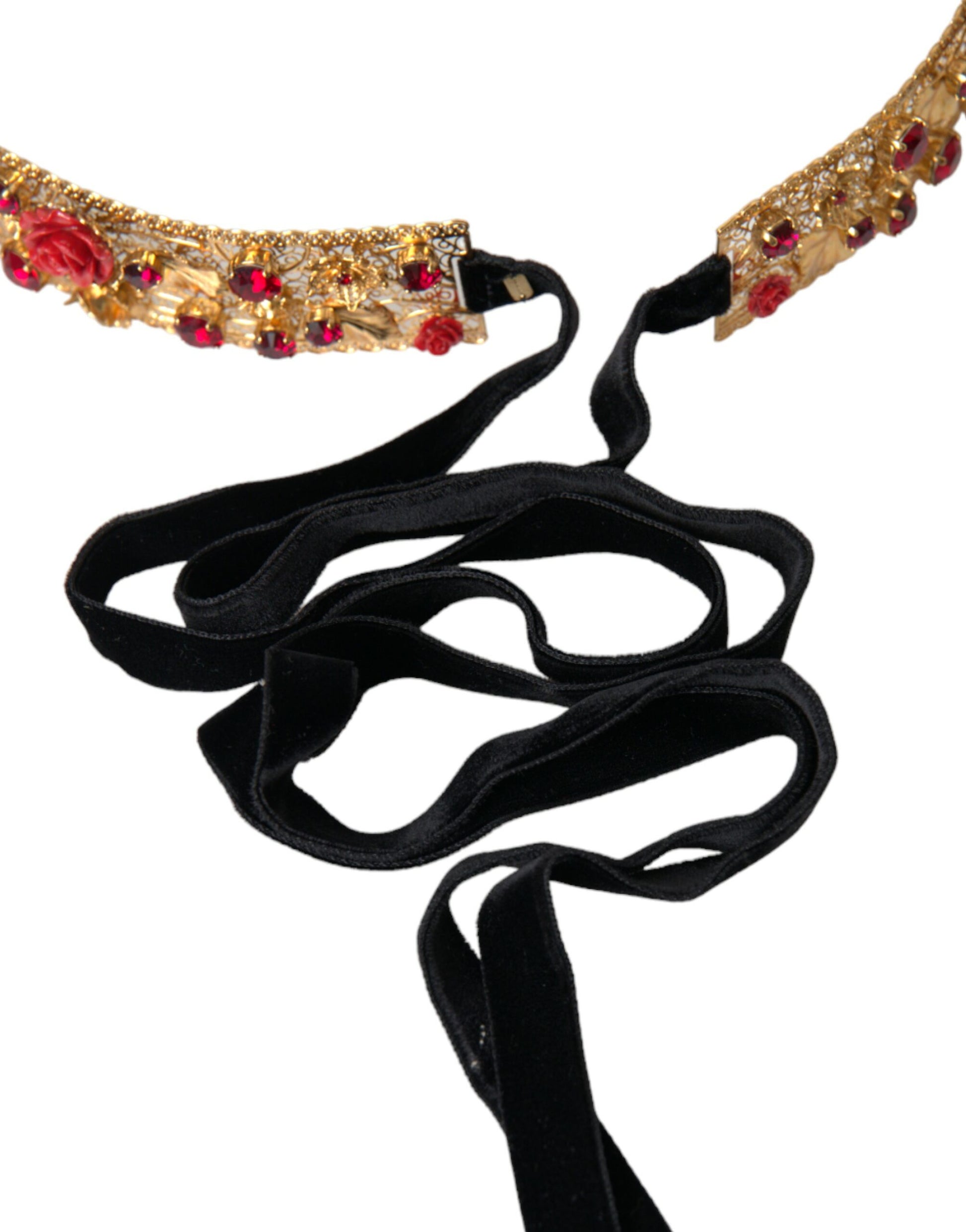 Dolce & Gabbana Gold Brass Red Roses Crystal Jewel Waist Belt - KALAJ