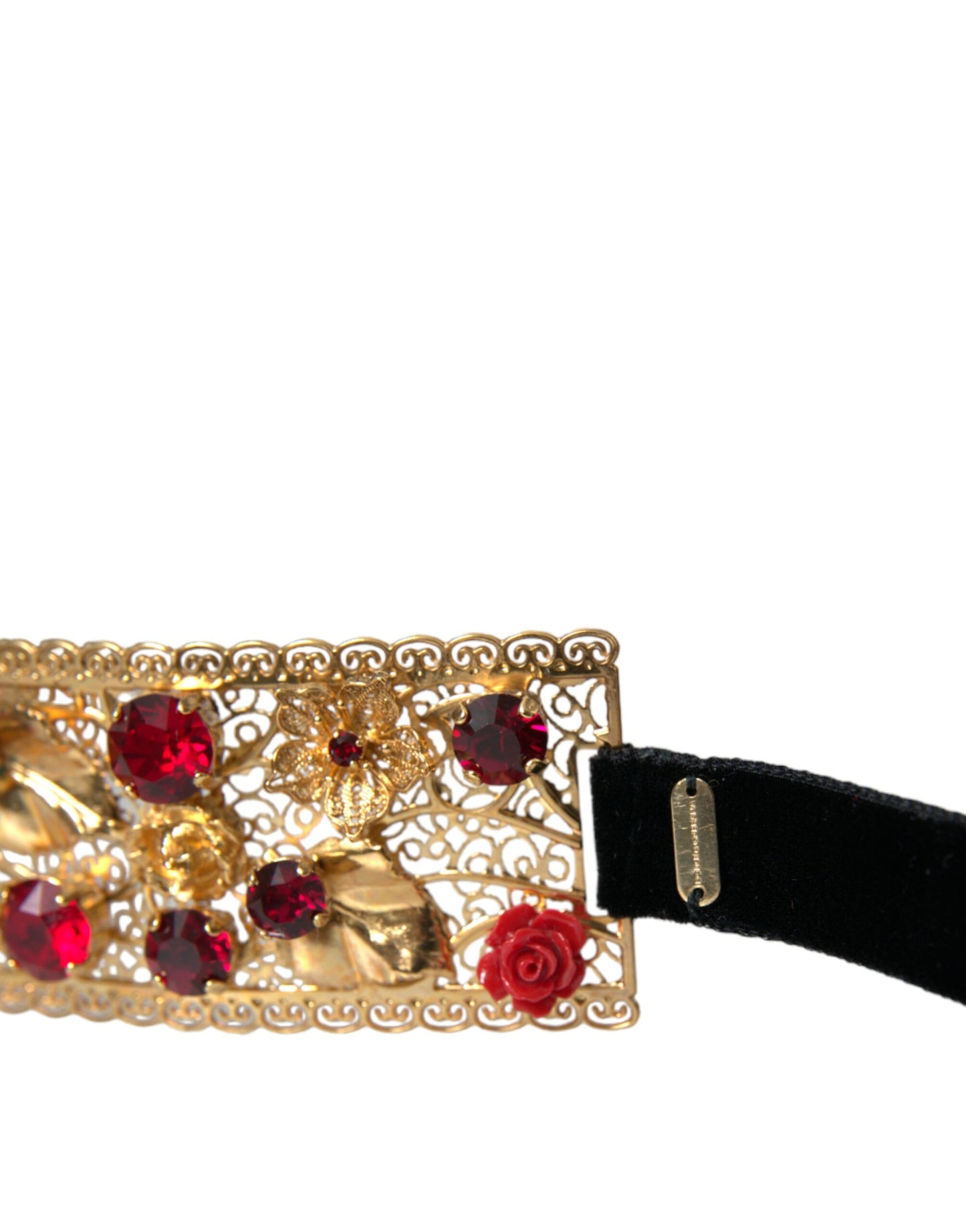 Dolce & Gabbana Gold Brass Red Roses Crystal Jewel Waist Belt - KALAJ