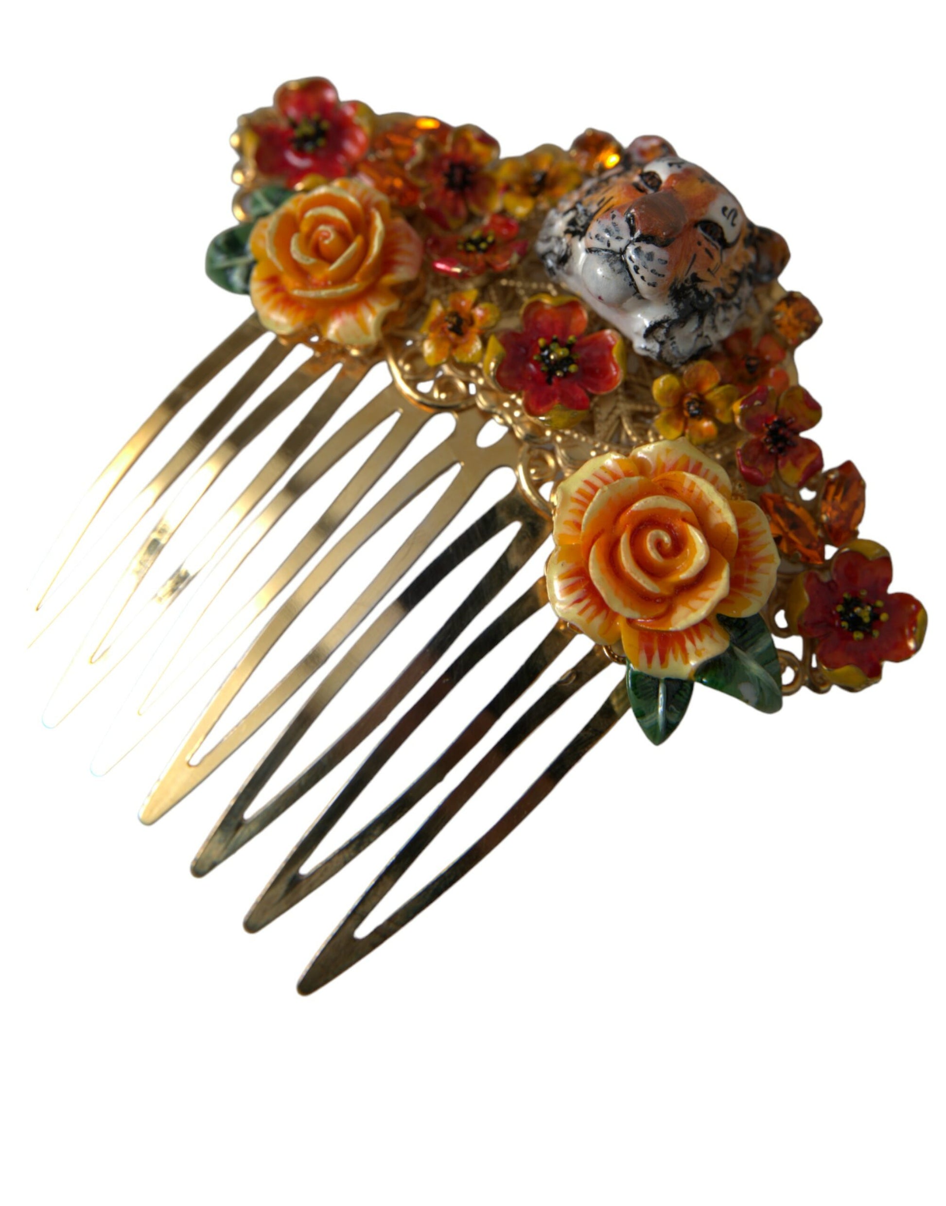 Dolce & Gabbana Gold Brass Crystal Leopard Floral Hair Comb - KALAJ