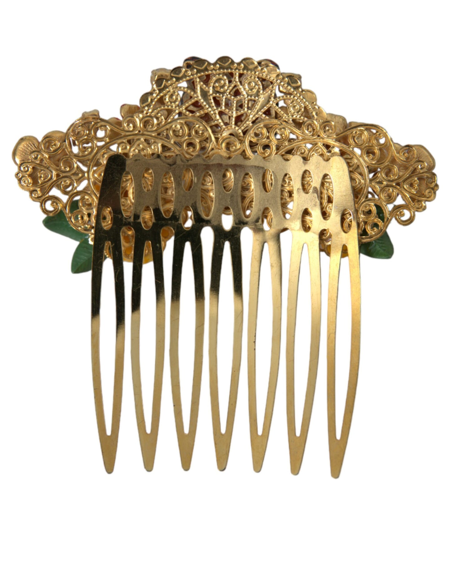 Dolce & Gabbana Gold Brass Crystal Leopard Floral Hair Comb - KALAJ