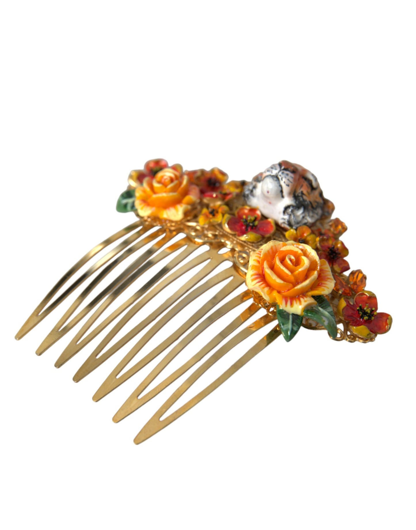 Dolce & Gabbana Gold Brass Crystal Leopard Floral Hair Comb - KALAJ