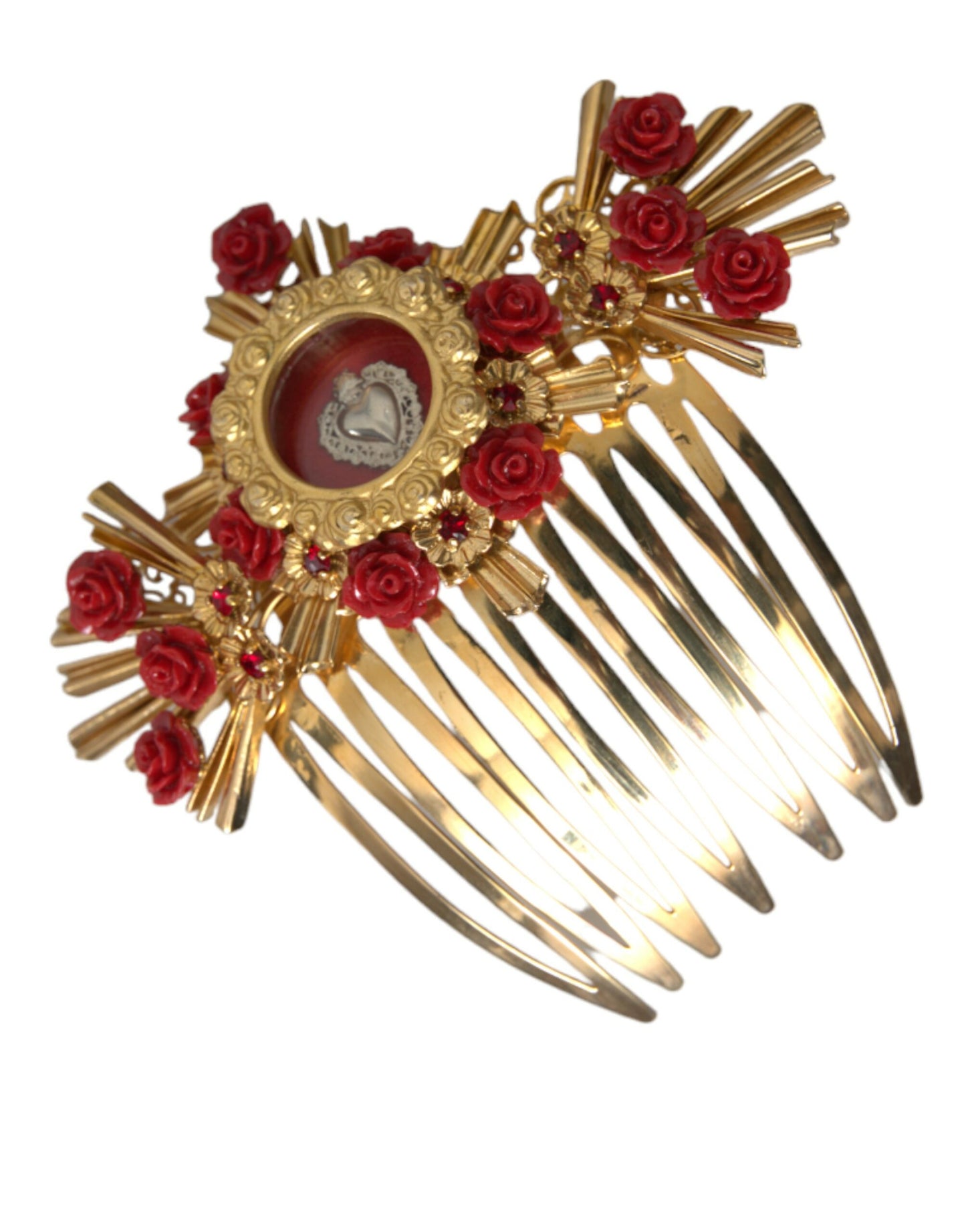 Dolce & Gabbana Gold Brass Crystal Heart Floral Hair Comb - KALAJ