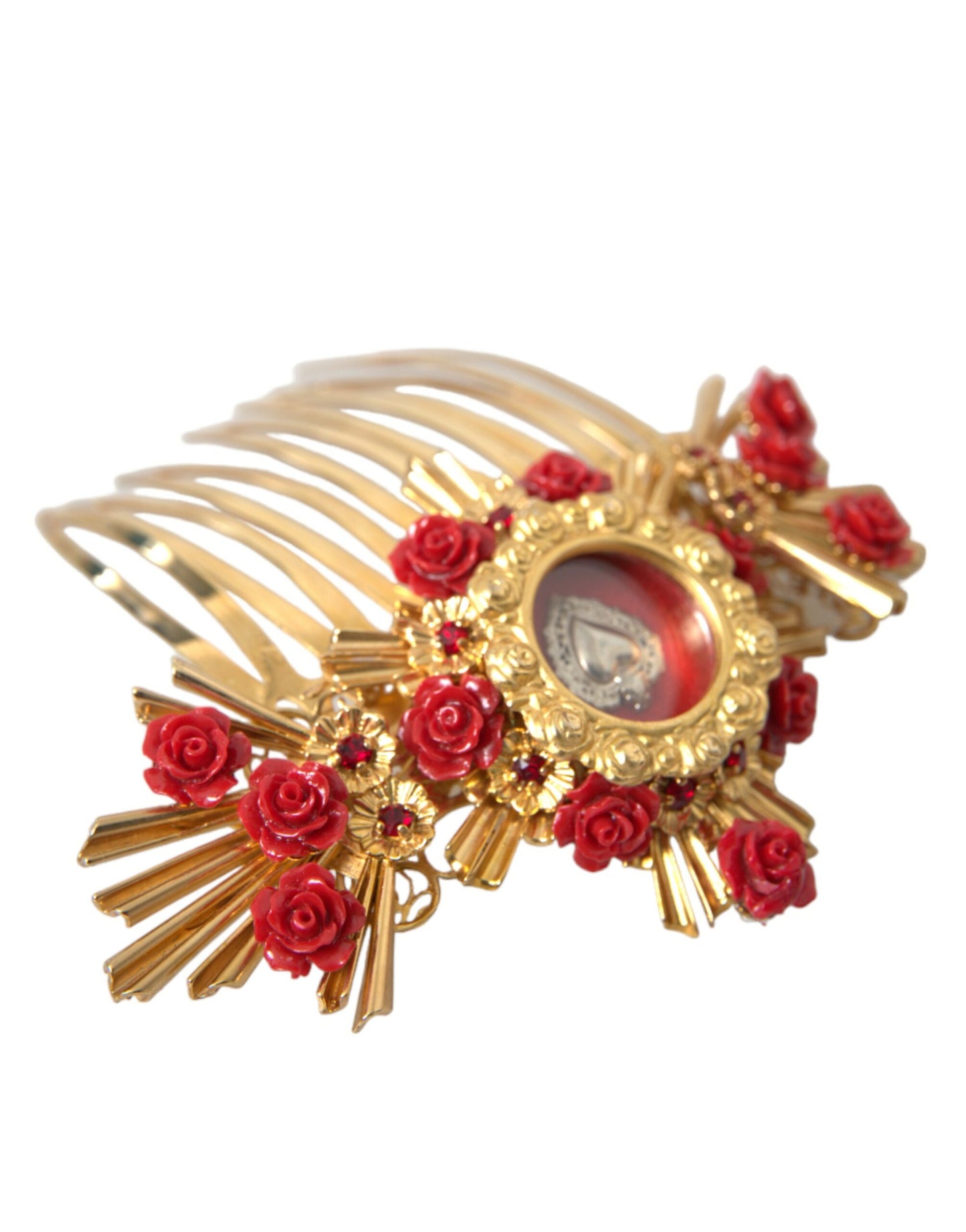 Dolce & Gabbana Gold Brass Crystal Heart Floral Hair Comb - KALAJ