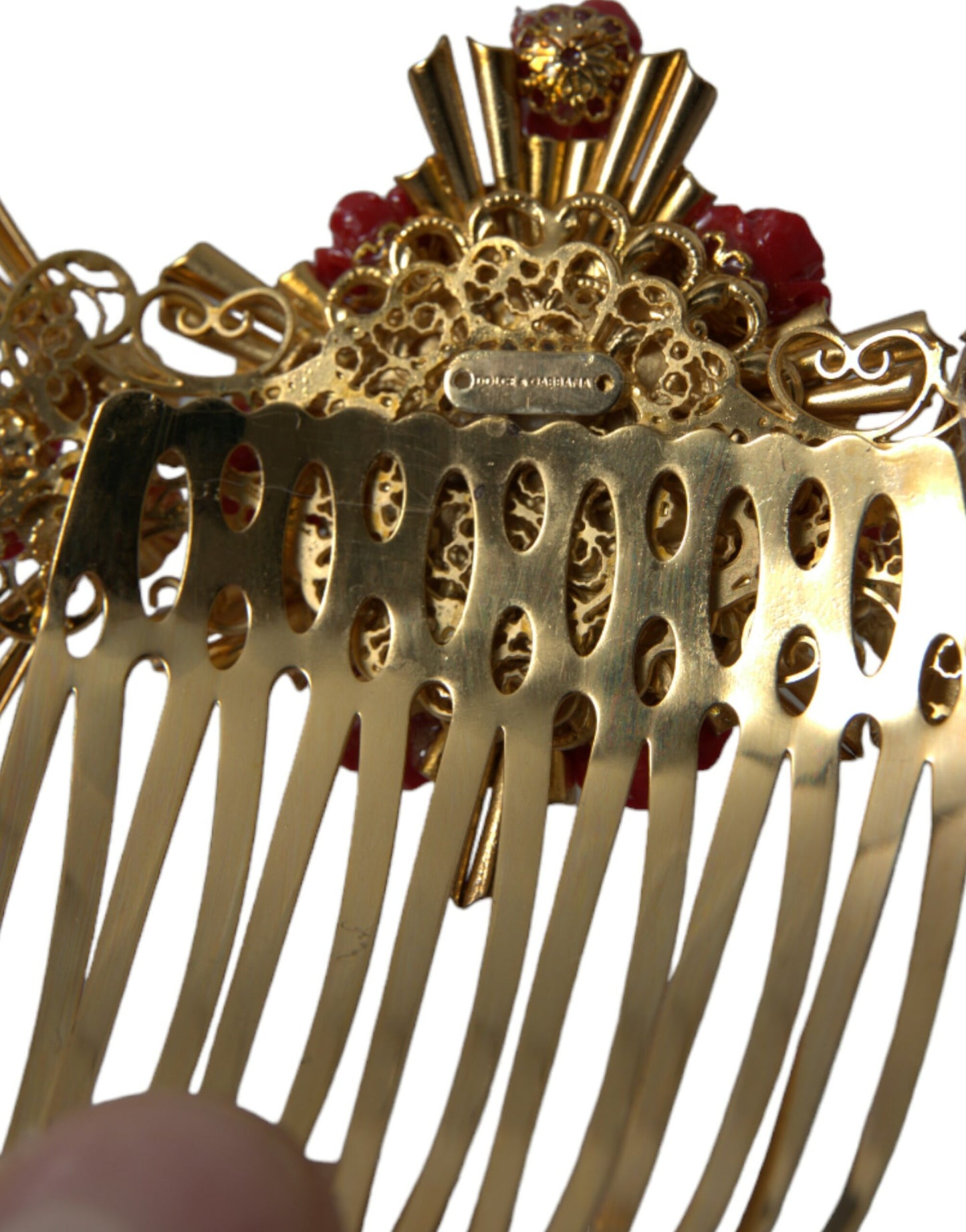 Dolce & Gabbana Gold Brass Crystal Heart Floral Hair Comb - KALAJ