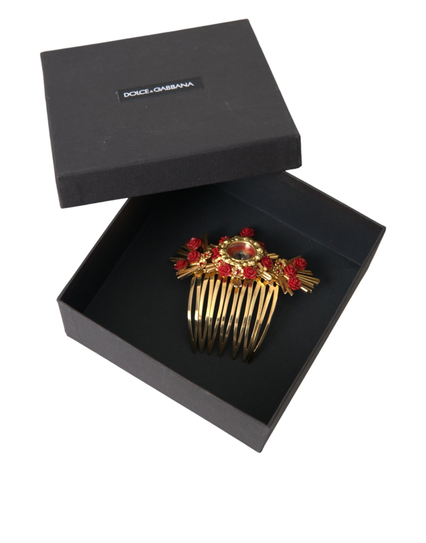 Dolce & Gabbana Gold Brass Crystal Heart Floral Hair Comb - KALAJ