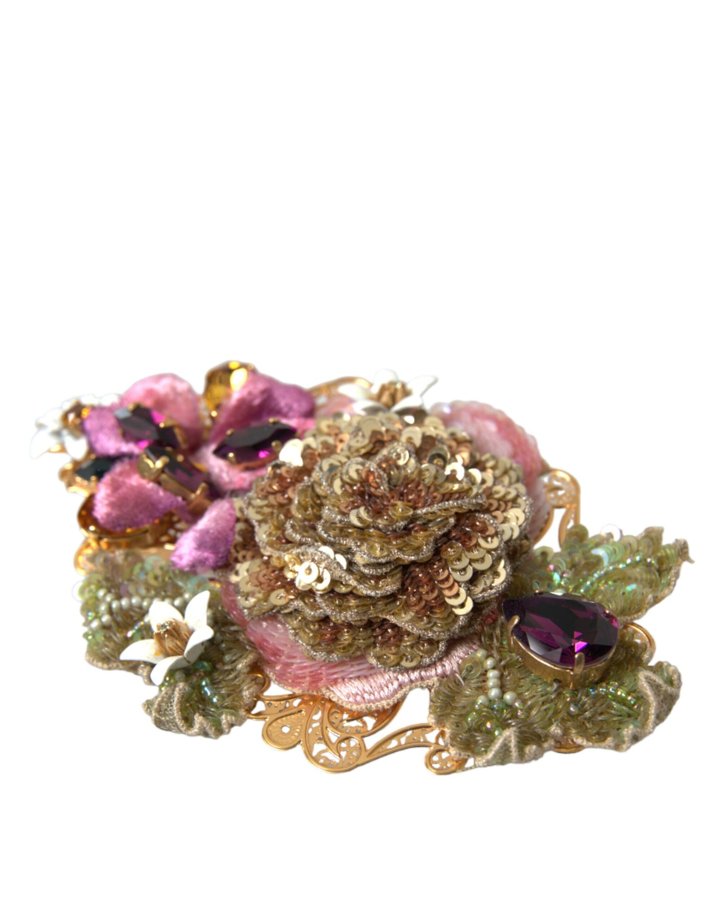 Dolce & Gabbana Gold Brass Floral Crystal Sequined Hair Clip - KALAJ