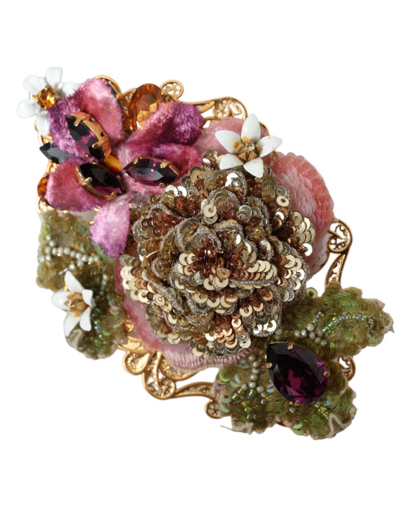 Dolce & Gabbana Gold Brass Floral Crystal Sequined Hair Clip - KALAJ