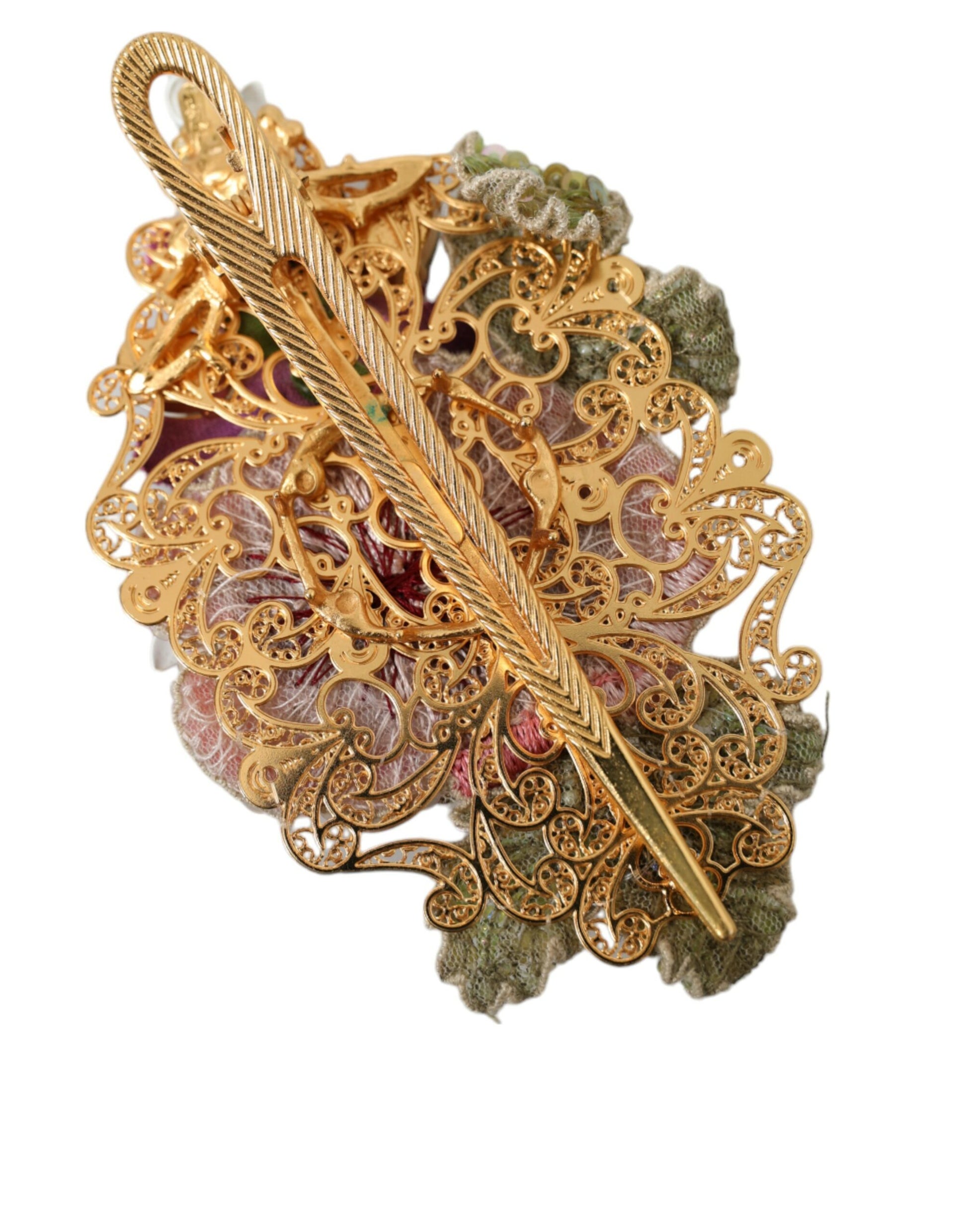 Dolce & Gabbana Gold Brass Floral Crystal Sequined Hair Clip - KALAJ