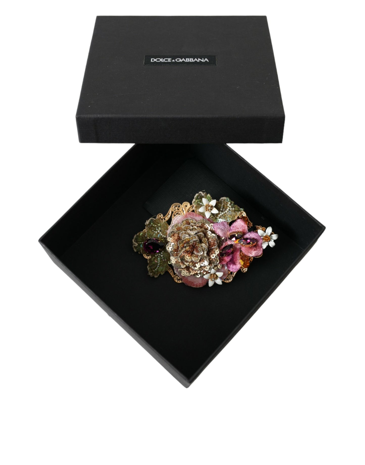 Dolce & Gabbana Gold Brass Floral Crystal Sequined Hair Clip - KALAJ