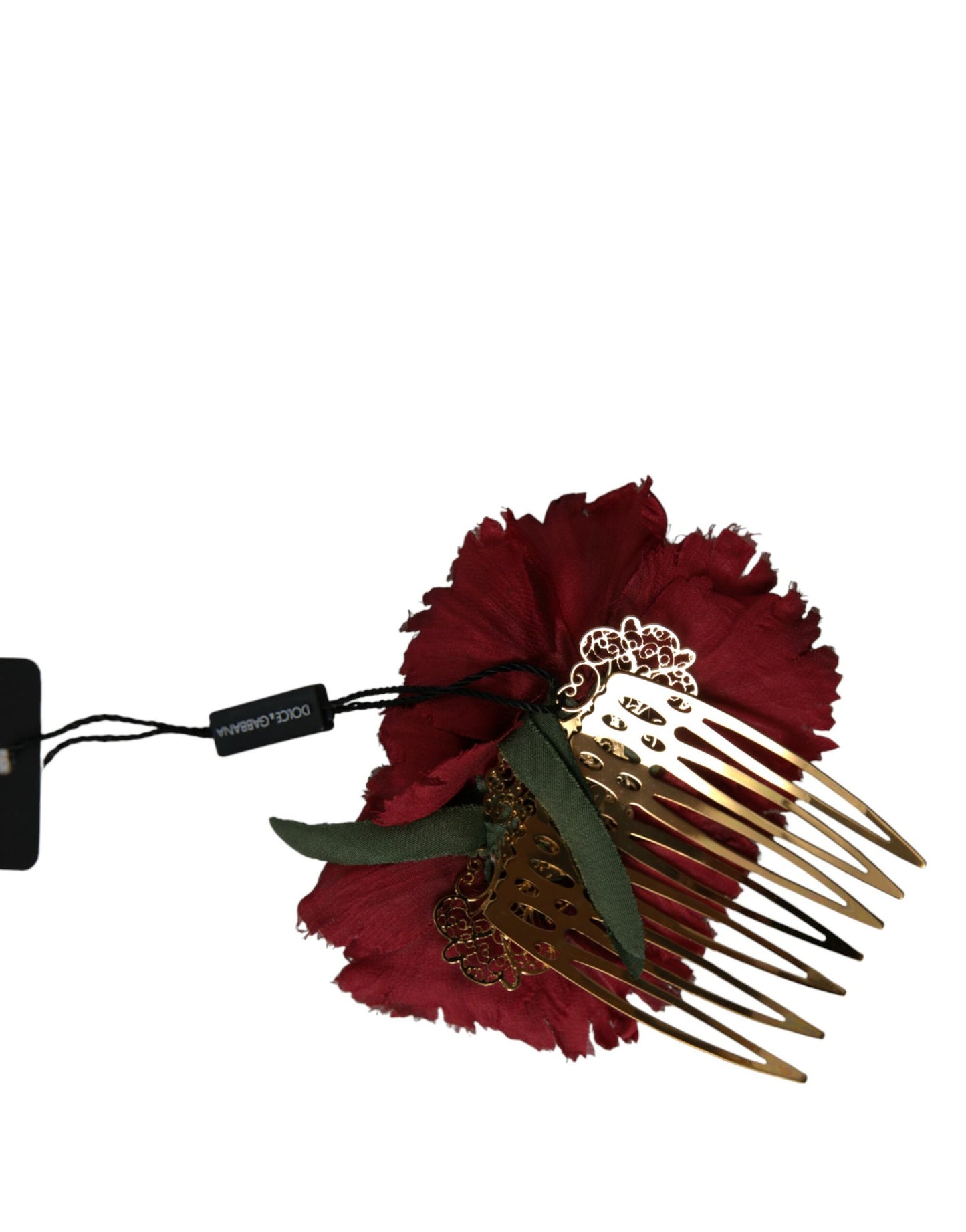 Dolce & Gabbana Red Silk Floral Gold Brass Women Hair Comb - KALAJ